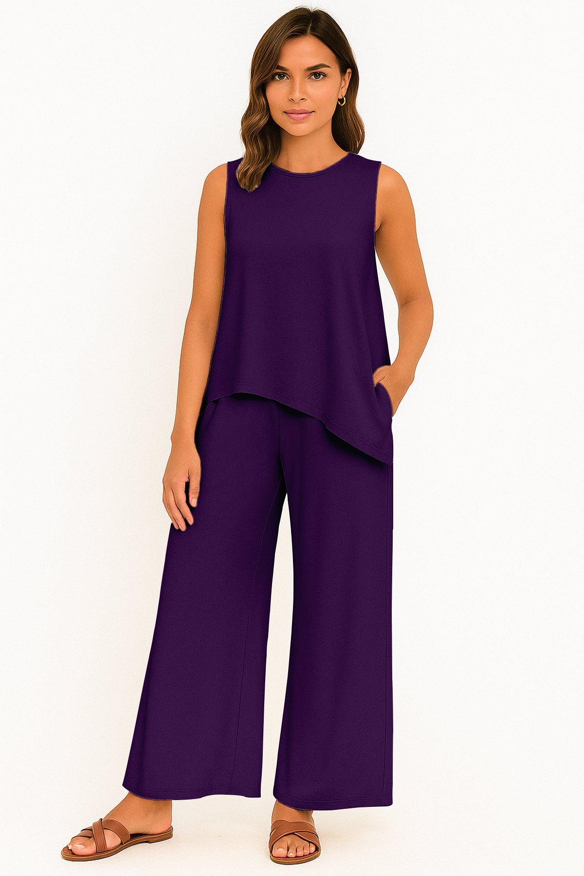Women's 2 Pcs Tank Top and Wide Leg Summer Pants with Pockets