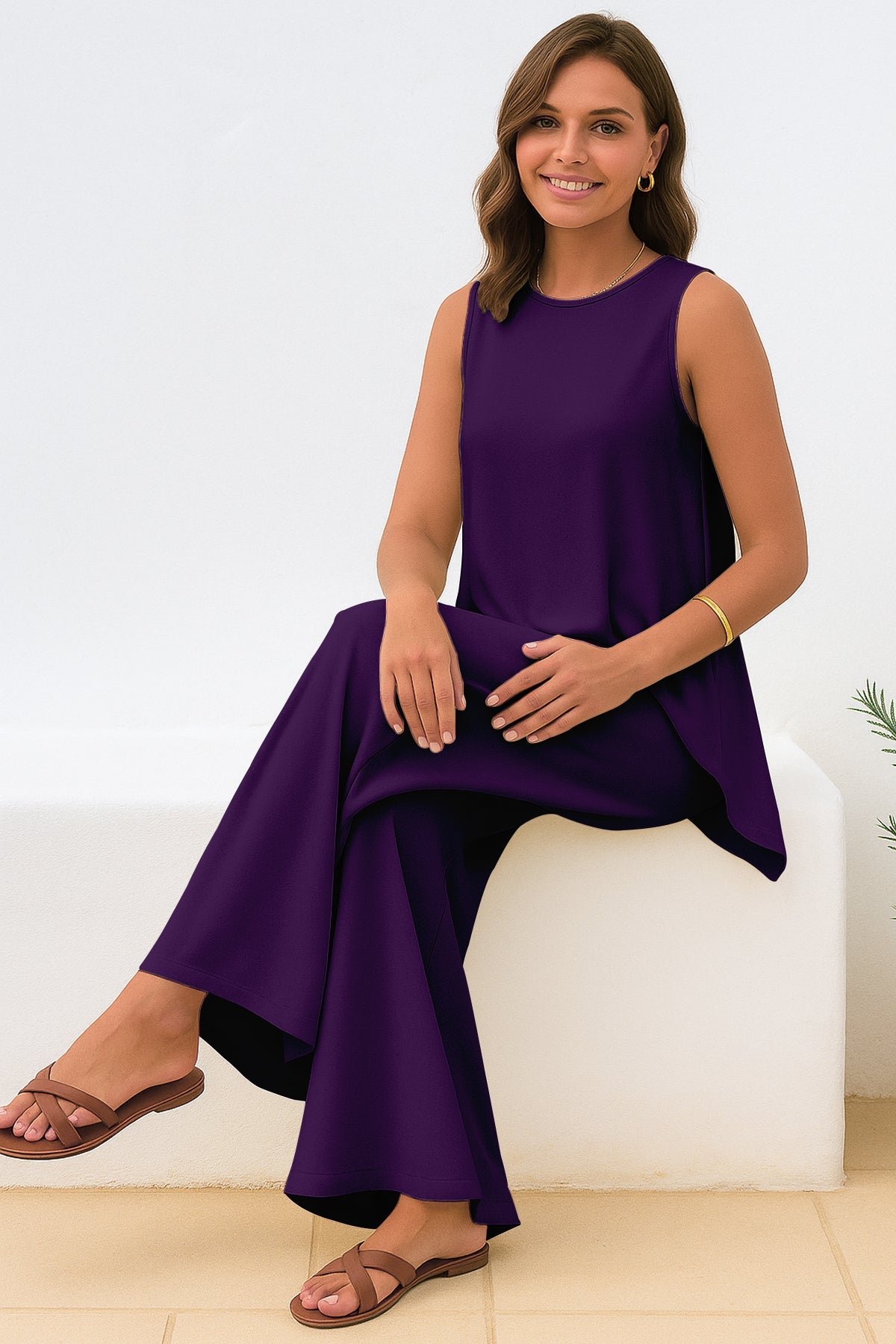Women's 2 Pcs Tank Top and Wide Leg Summer Pants with Pockets