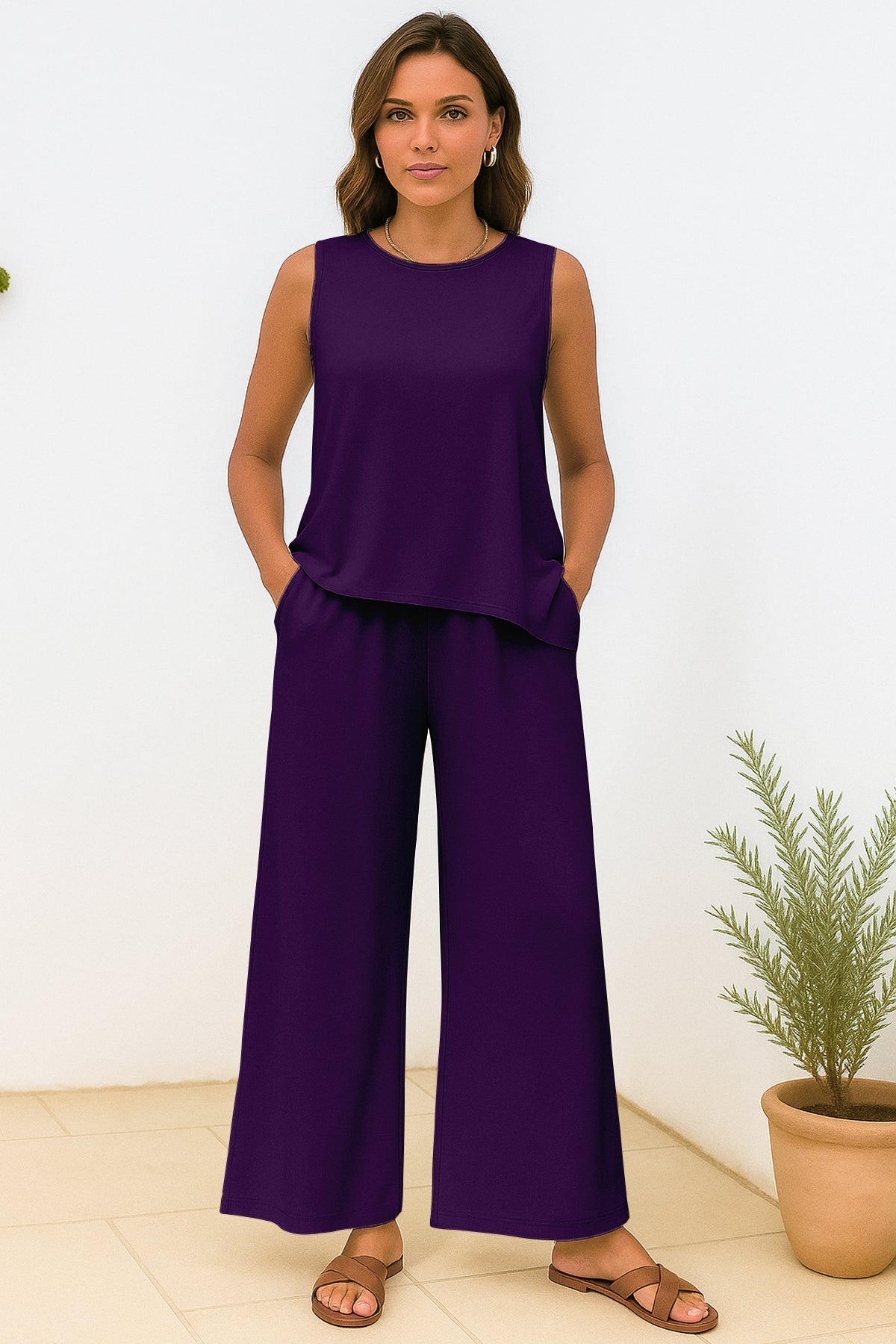 Women's 2 Pcs Tank Top and Wide Leg Summer Pants with Pockets