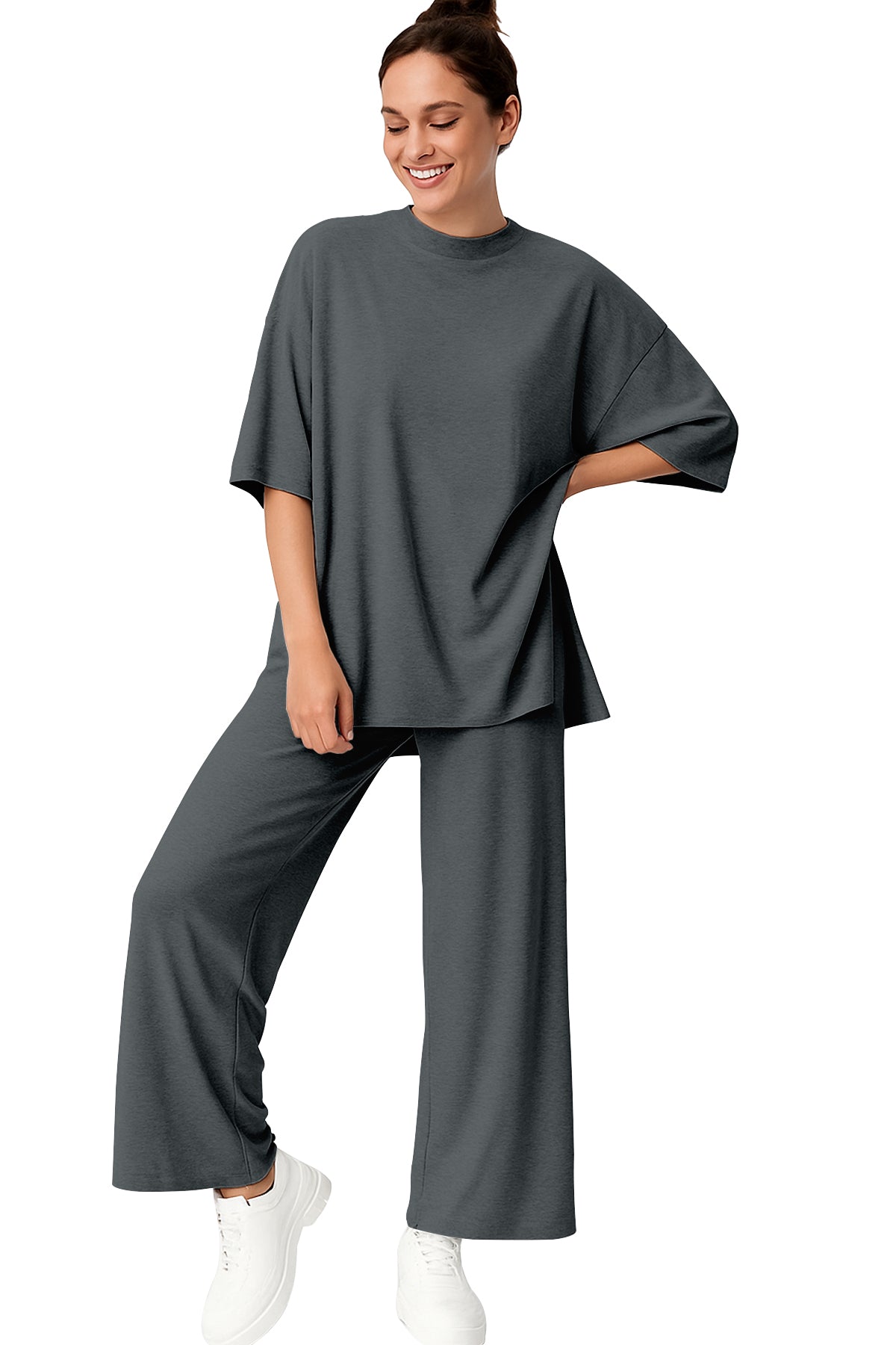 Women's 2 Piece Split Hem Tunic Top and Soft Pants with Pockets