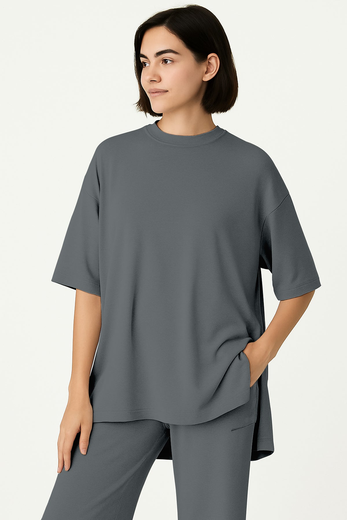 Women's 2 Piece Split Hem Tunic Top and Soft Pants with Pockets