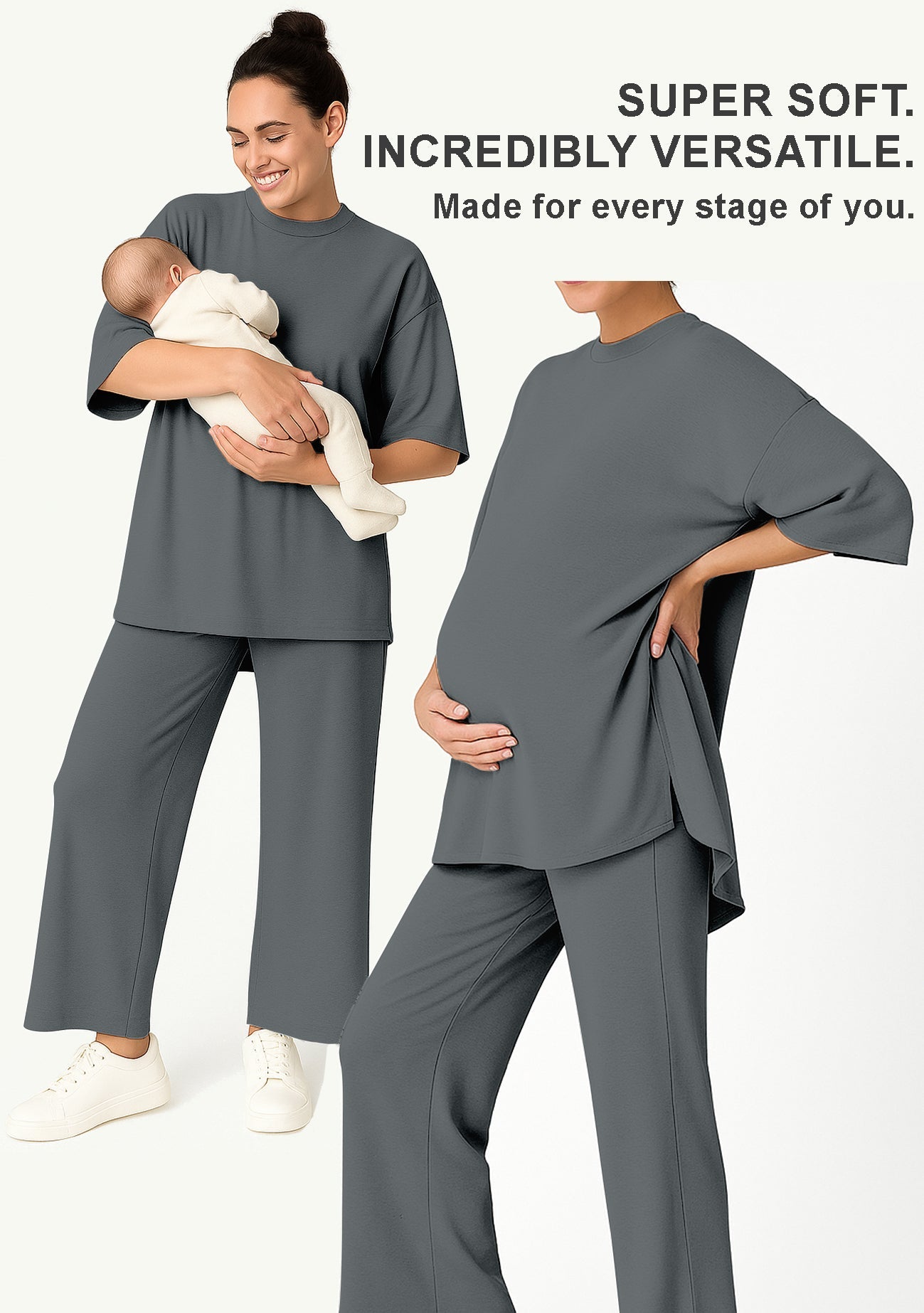 Women's 2 Piece Split Hem Tunic Top and Soft Pants with Pockets