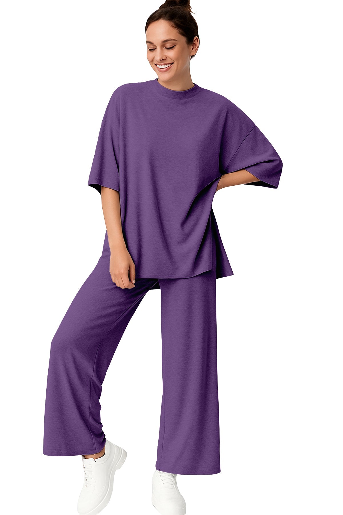 Women's 2 Piece Split Hem Tunic Top and Soft Pants with Pockets