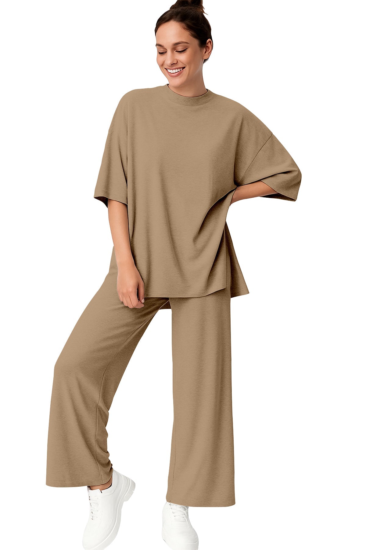 Women's 2 Piece Split Hem Tunic Top and Soft Pants with Pockets