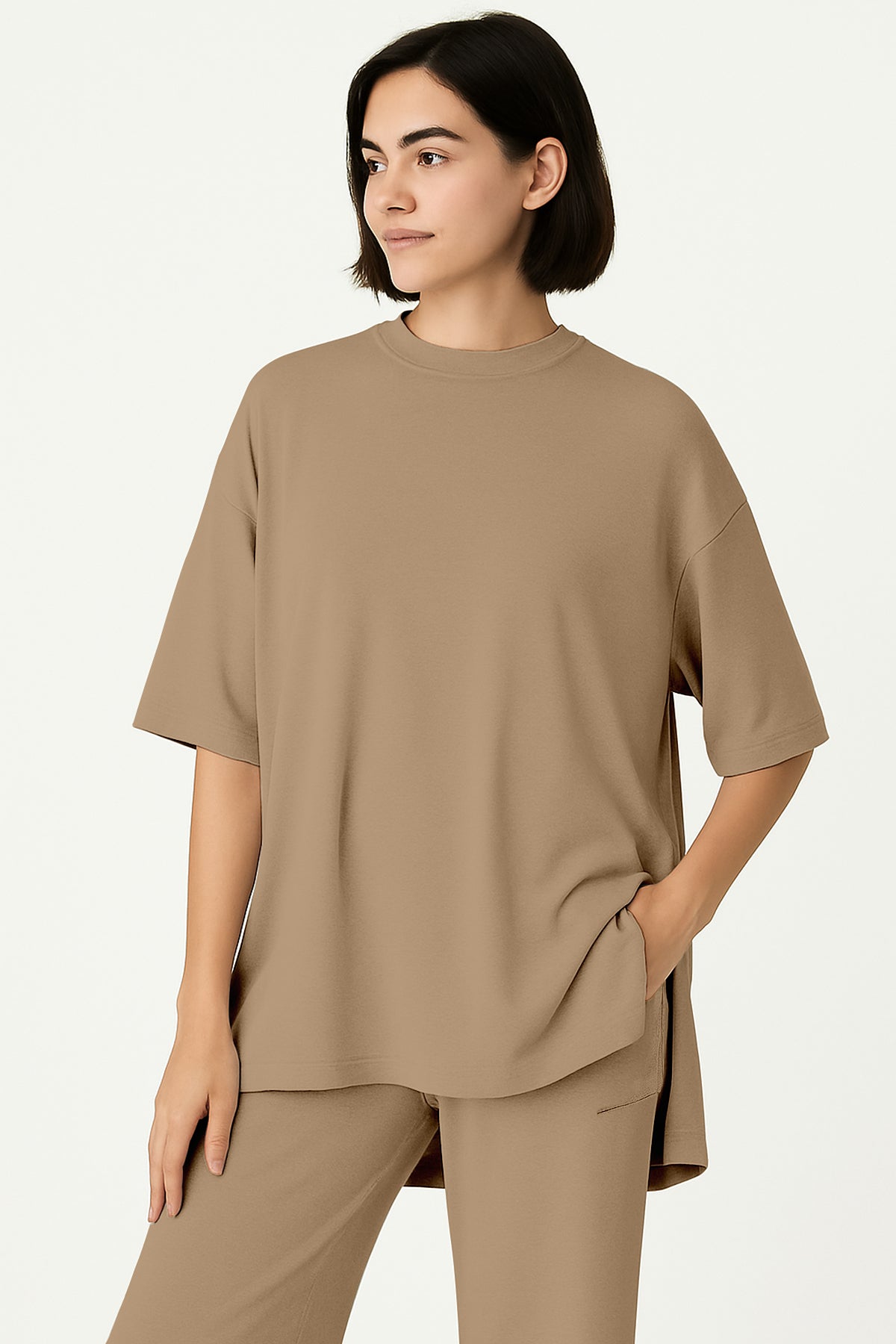 Women's 2 Piece Split Hem Tunic Top and Soft Pants with Pockets