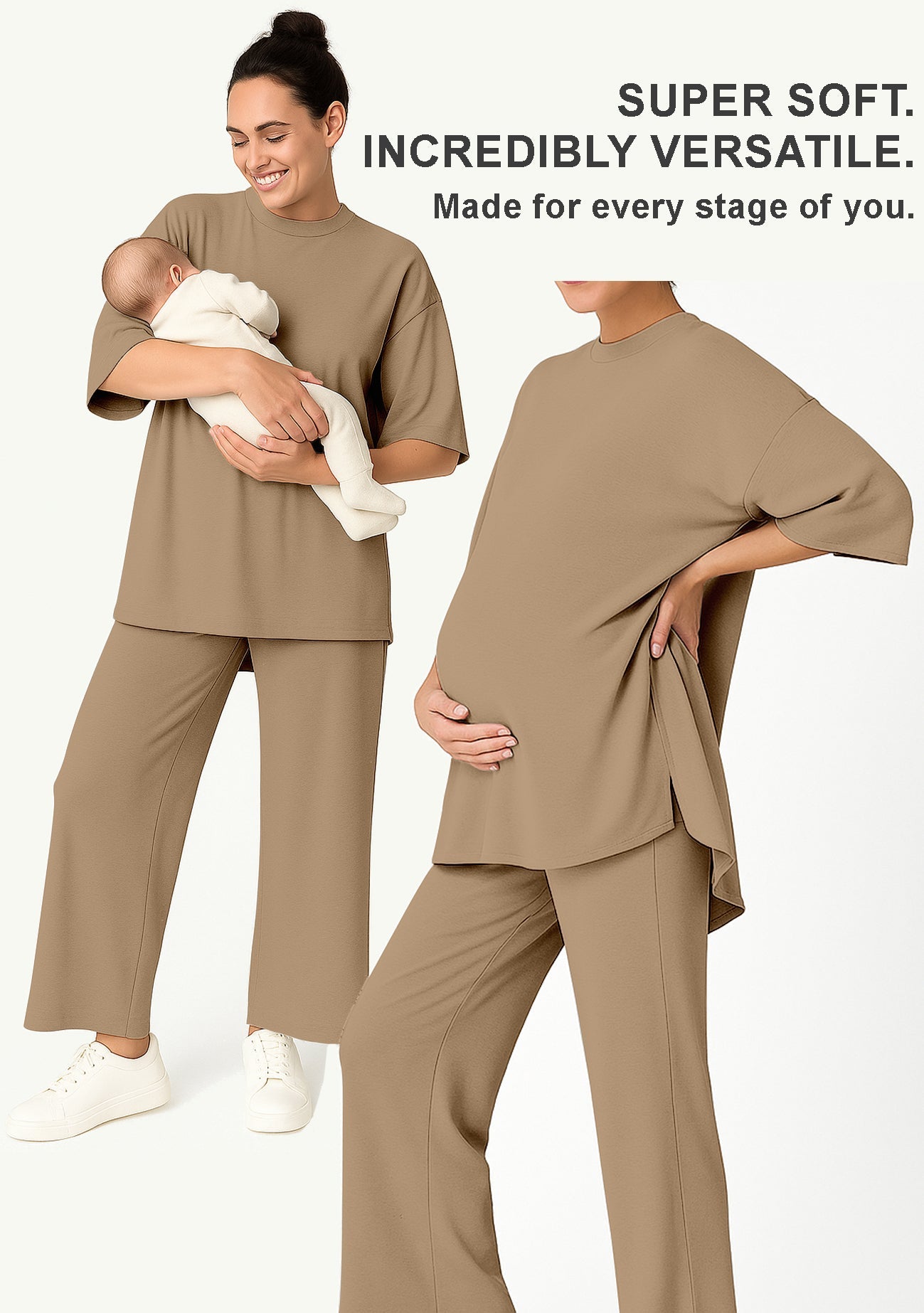 Women's 2 Piece Split Hem Tunic Top and Soft Pants with Pockets