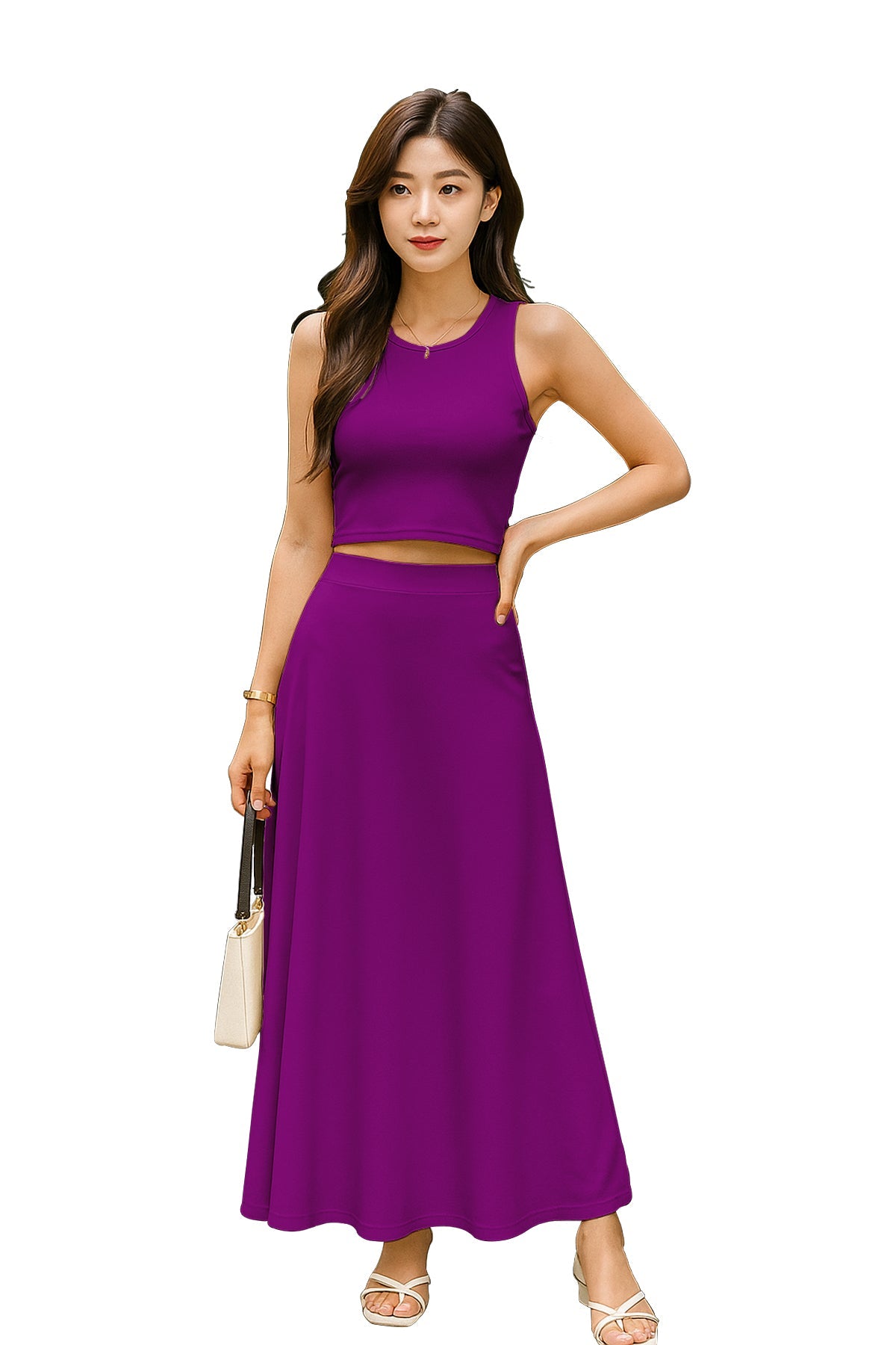 Women's 2 Pcs Sleeveless Crop Top and High Waisted Flared Maxi Skirt