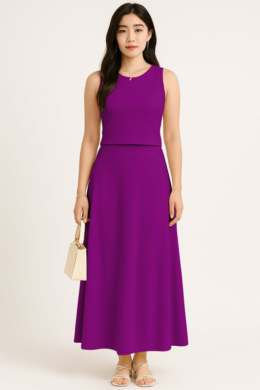 Women's 2 Pcs Sleeveless Crop Top and High Waisted Flared Maxi Skirt