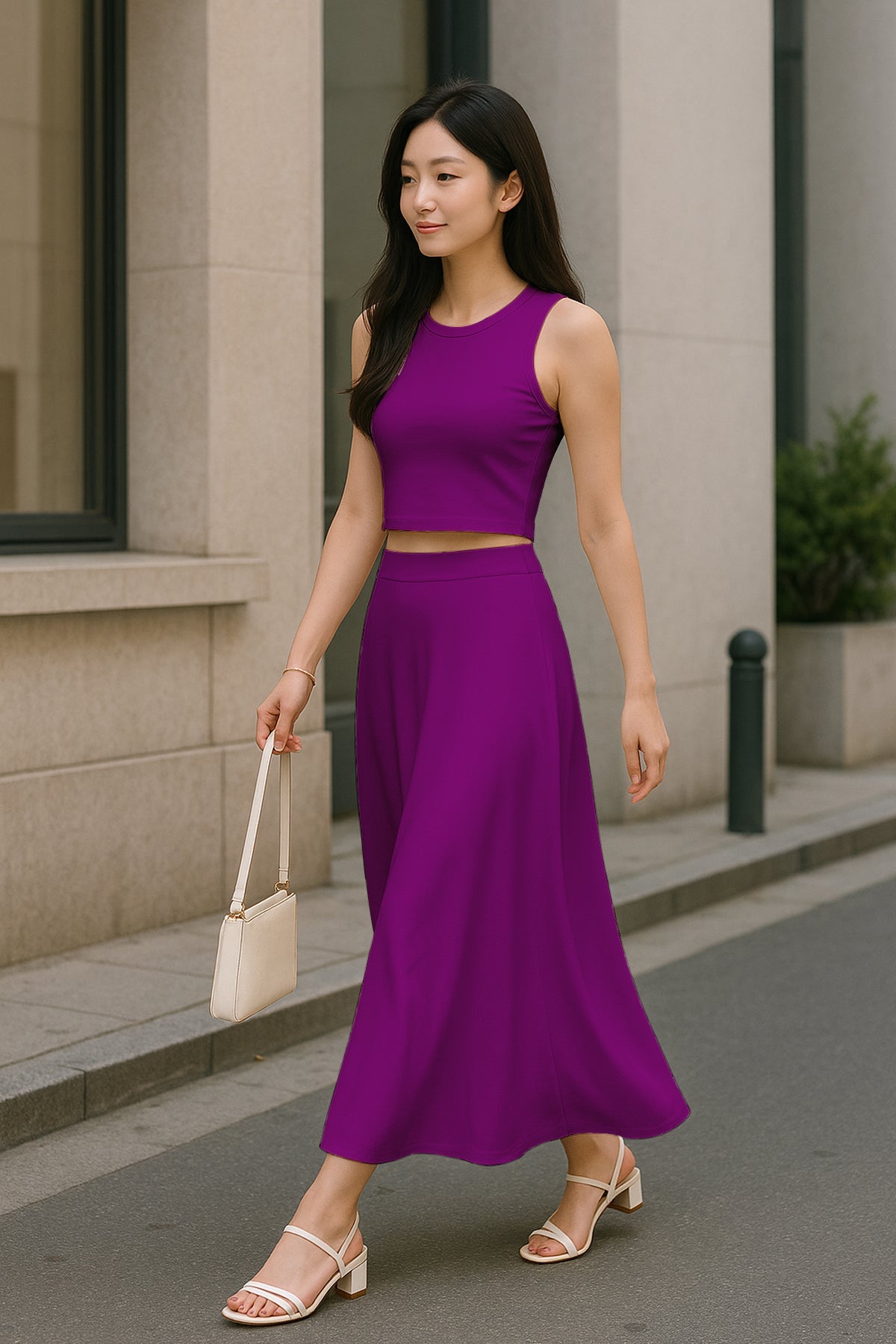 Women's 2 Pcs Sleeveless Crop Top and High Waisted Flared Maxi Skirt