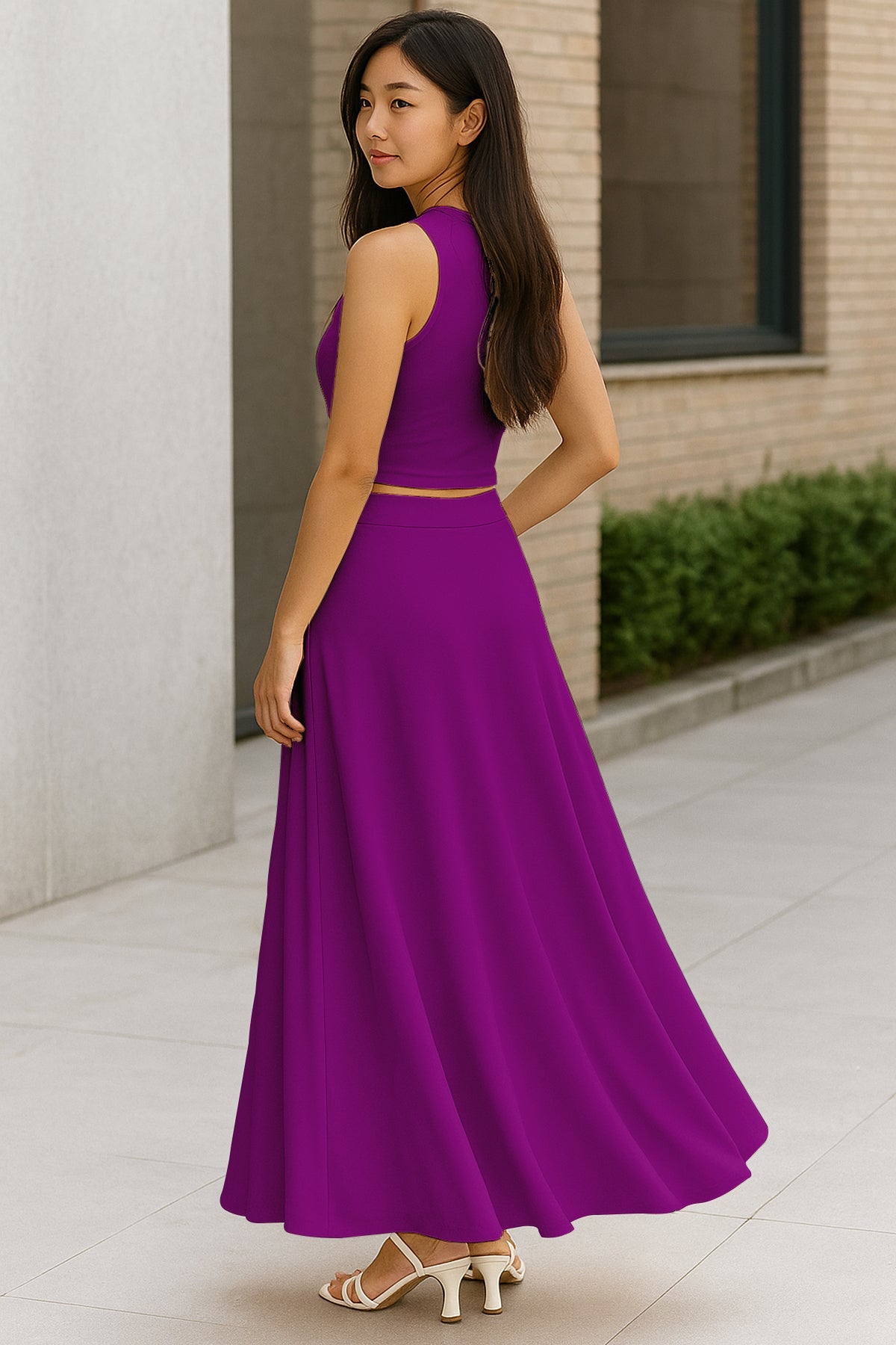 Women's 2 Pcs Sleeveless Crop Top and High Waisted Flared Maxi Skirt
