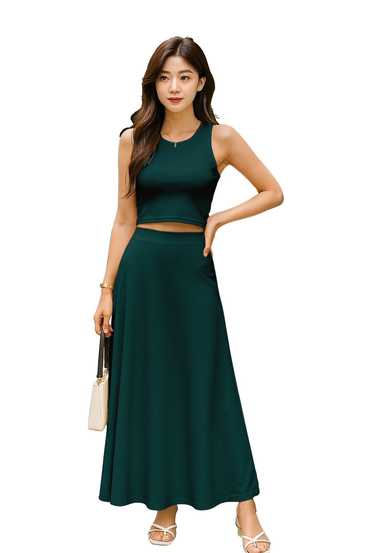 Women's 2 Pcs Sleeveless Crop Top and High Waisted Flared Maxi Skirt