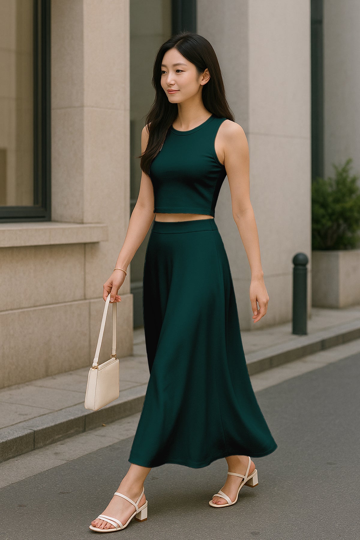 Women's 2 Pcs Sleeveless Crop Top and High Waisted Flared Maxi Skirt