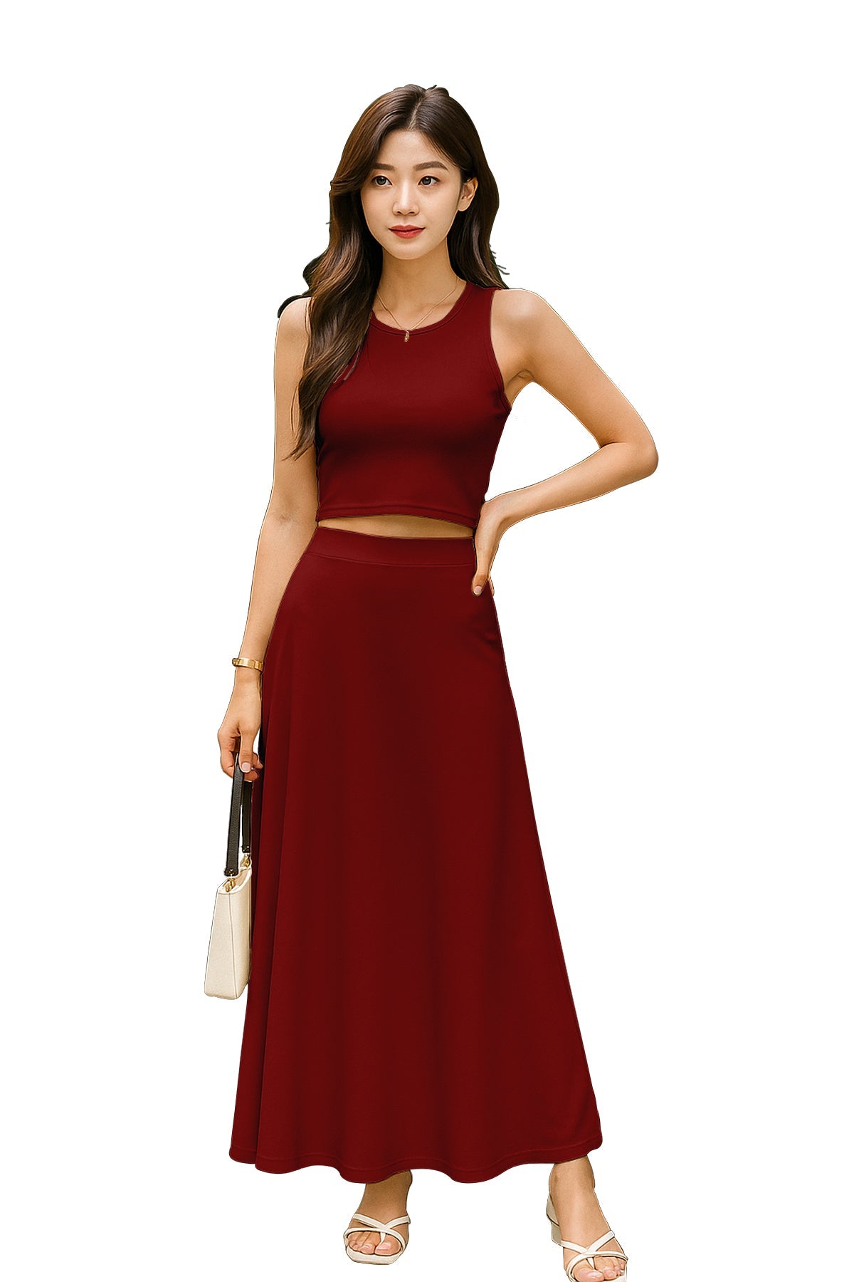 Women's 2 Pcs Sleeveless Crop Top and High Waisted Flared Maxi Skirt