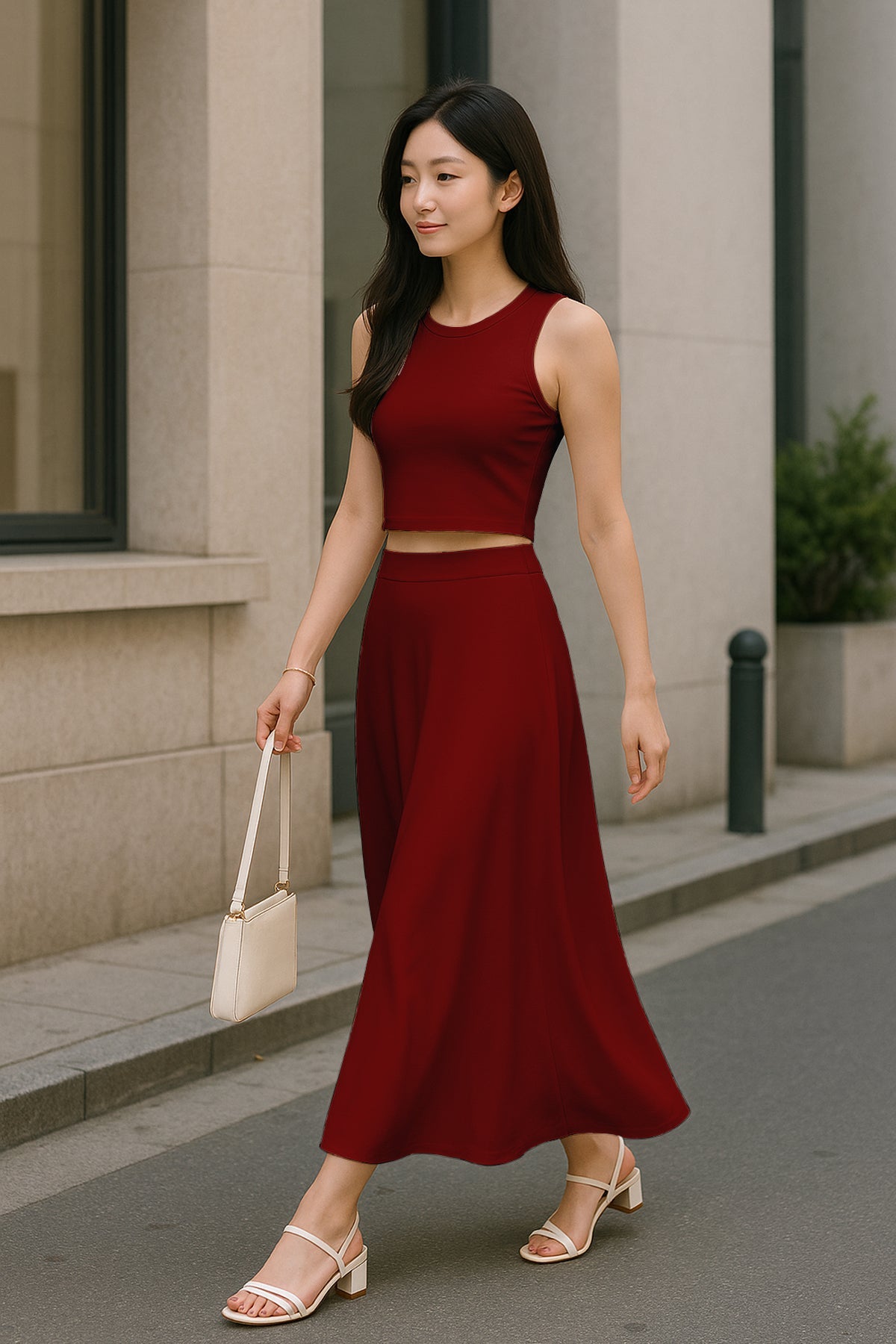 Women's 2 Pcs Sleeveless Crop Top and High Waisted Flared Maxi Skirt