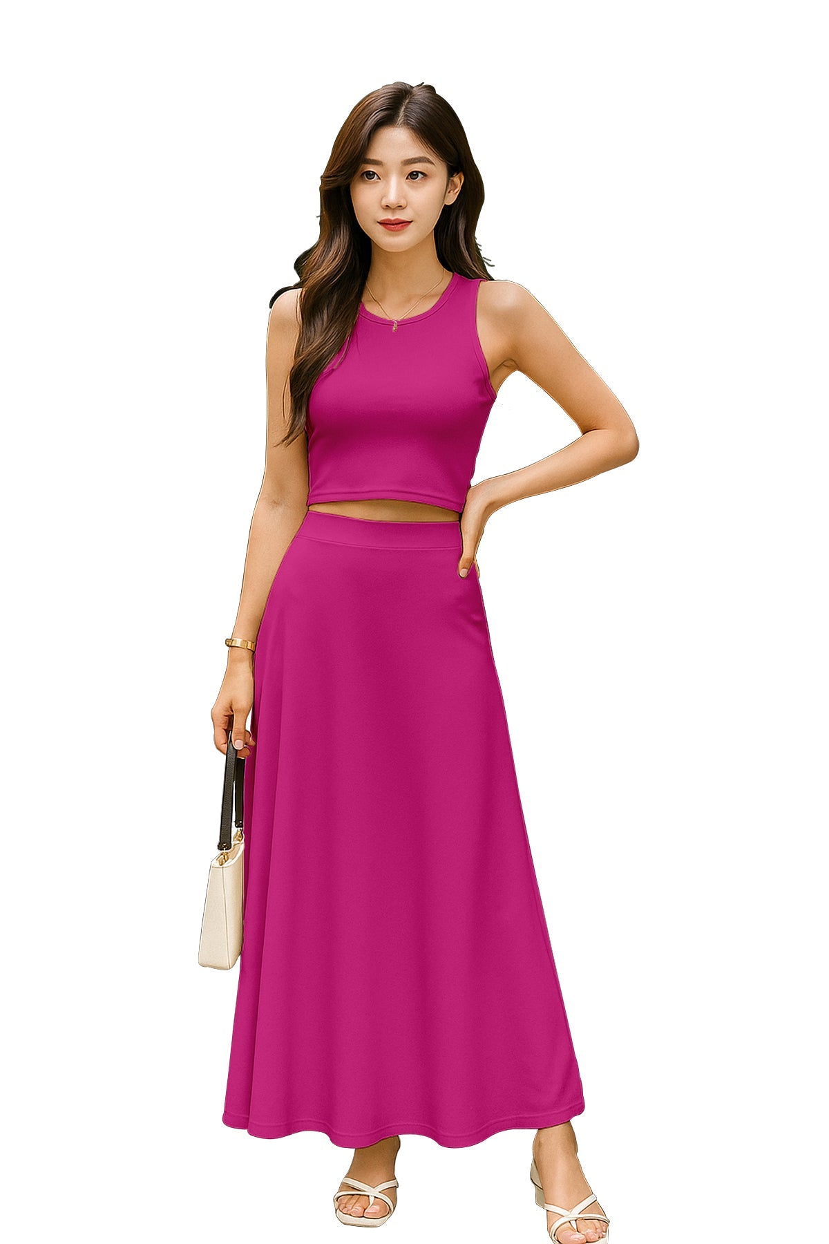 Women's 2 Pcs Sleeveless Crop Top and High Waisted Flared Maxi Skirt