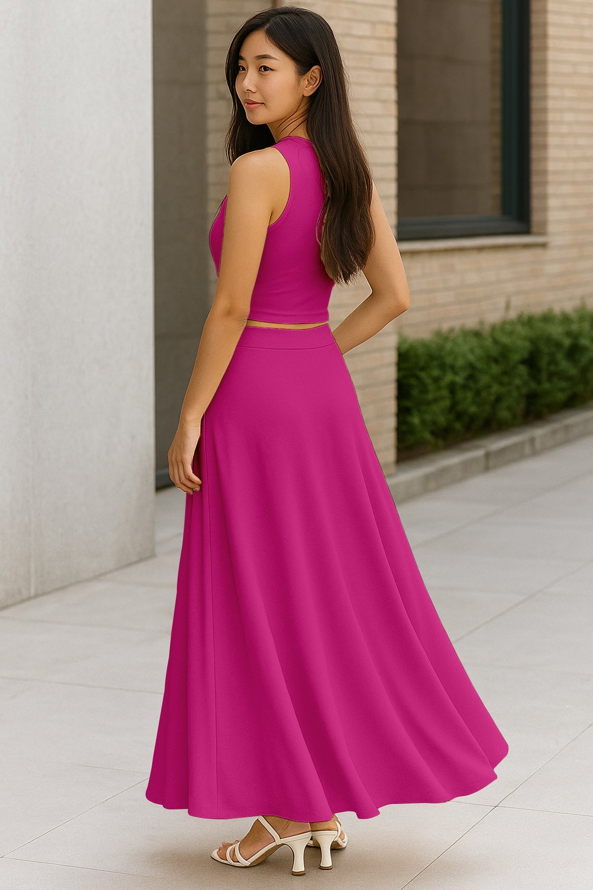 Women's 2 Pcs Sleeveless Crop Top and High Waisted Flared Maxi Skirt