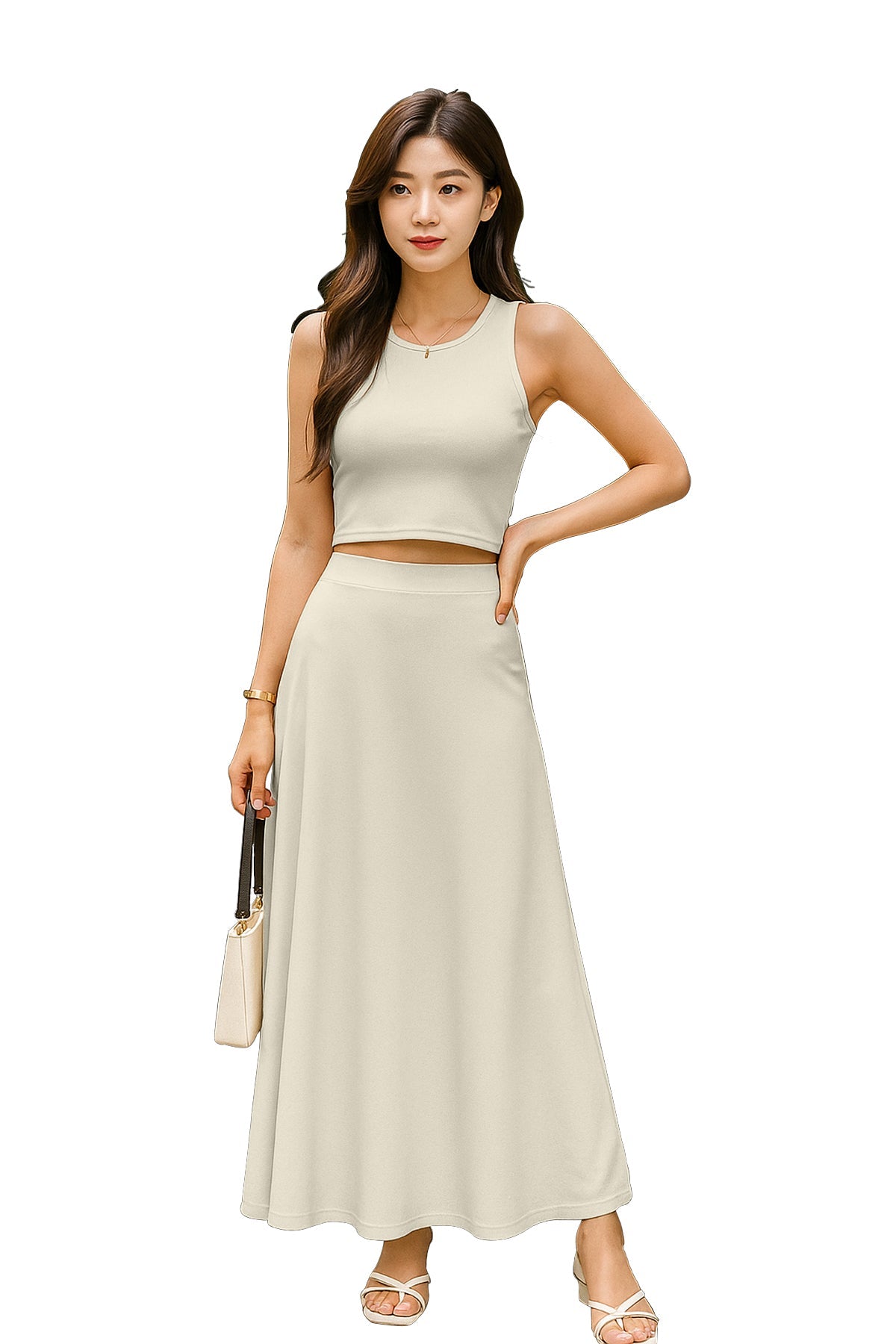 Women's 2 Pcs Sleeveless Crop Top and High Waisted Flared Maxi Skirt
