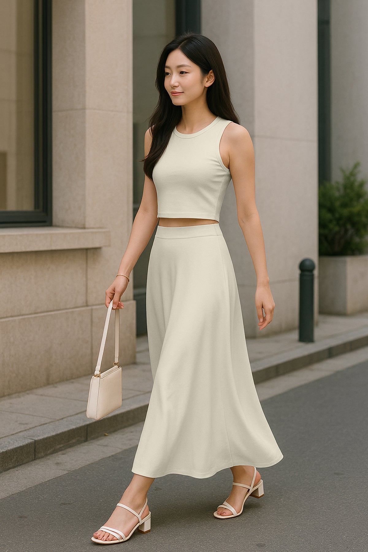 Women's 2 Pcs Sleeveless Crop Top and High Waisted Flared Maxi Skirt