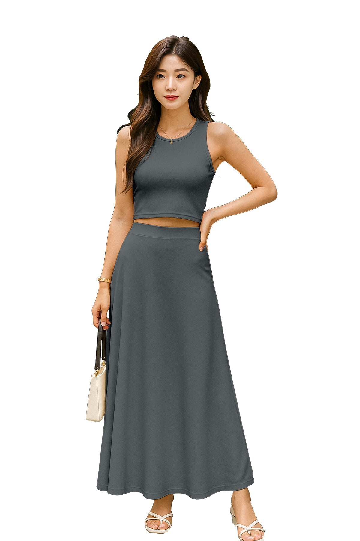 Women's 2 Pcs Sleeveless Crop Top and High Waisted Flared Maxi Skirt