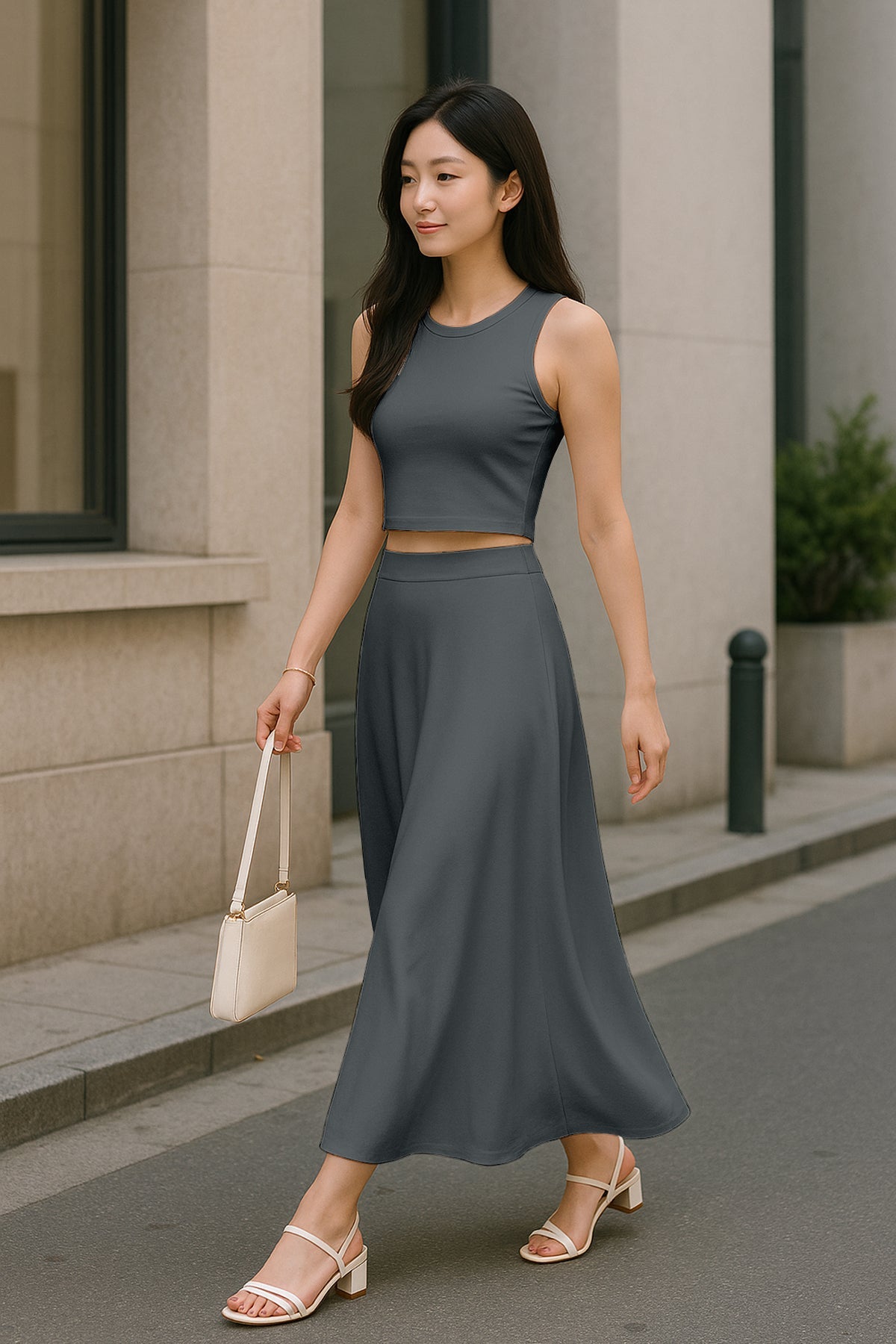 Women's 2 Pcs Sleeveless Crop Top and High Waisted Flared Maxi Skirt