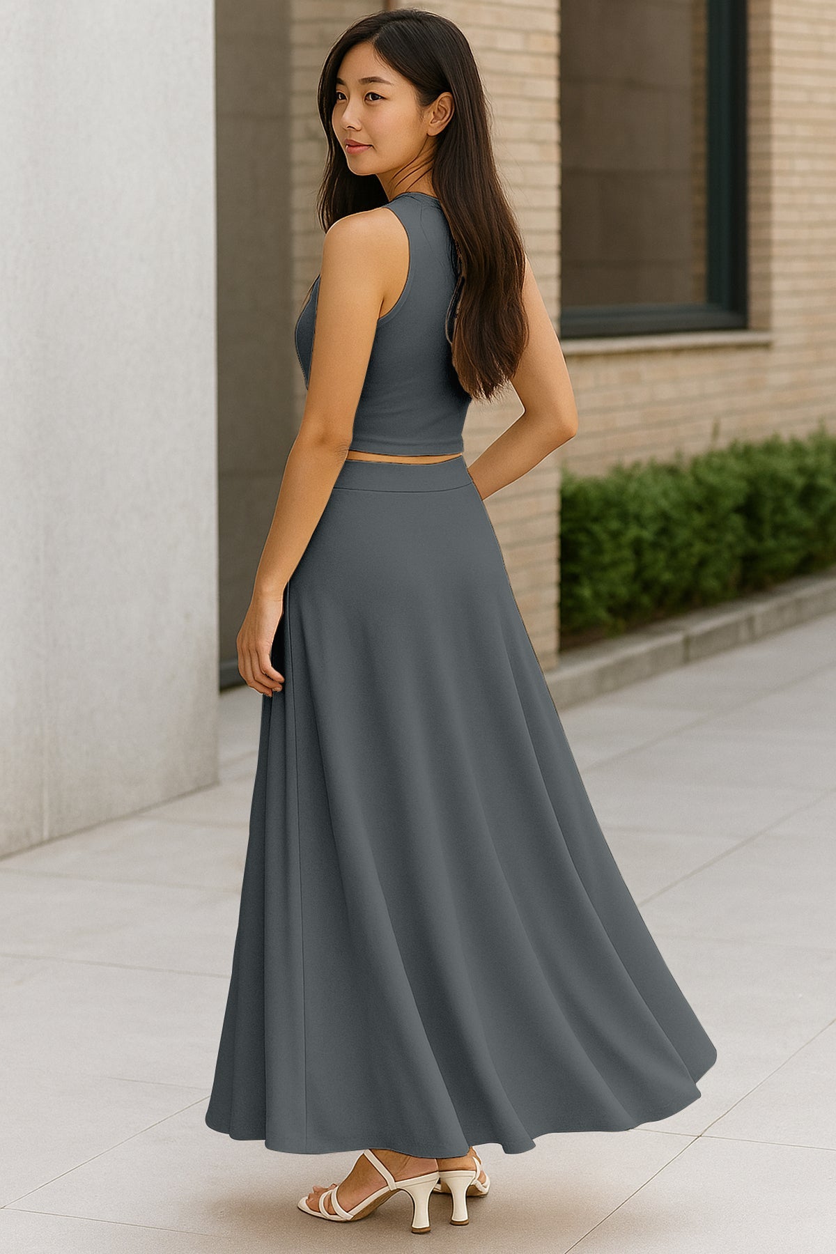 Women's 2 Pcs Sleeveless Crop Top and High Waisted Flared Maxi Skirt