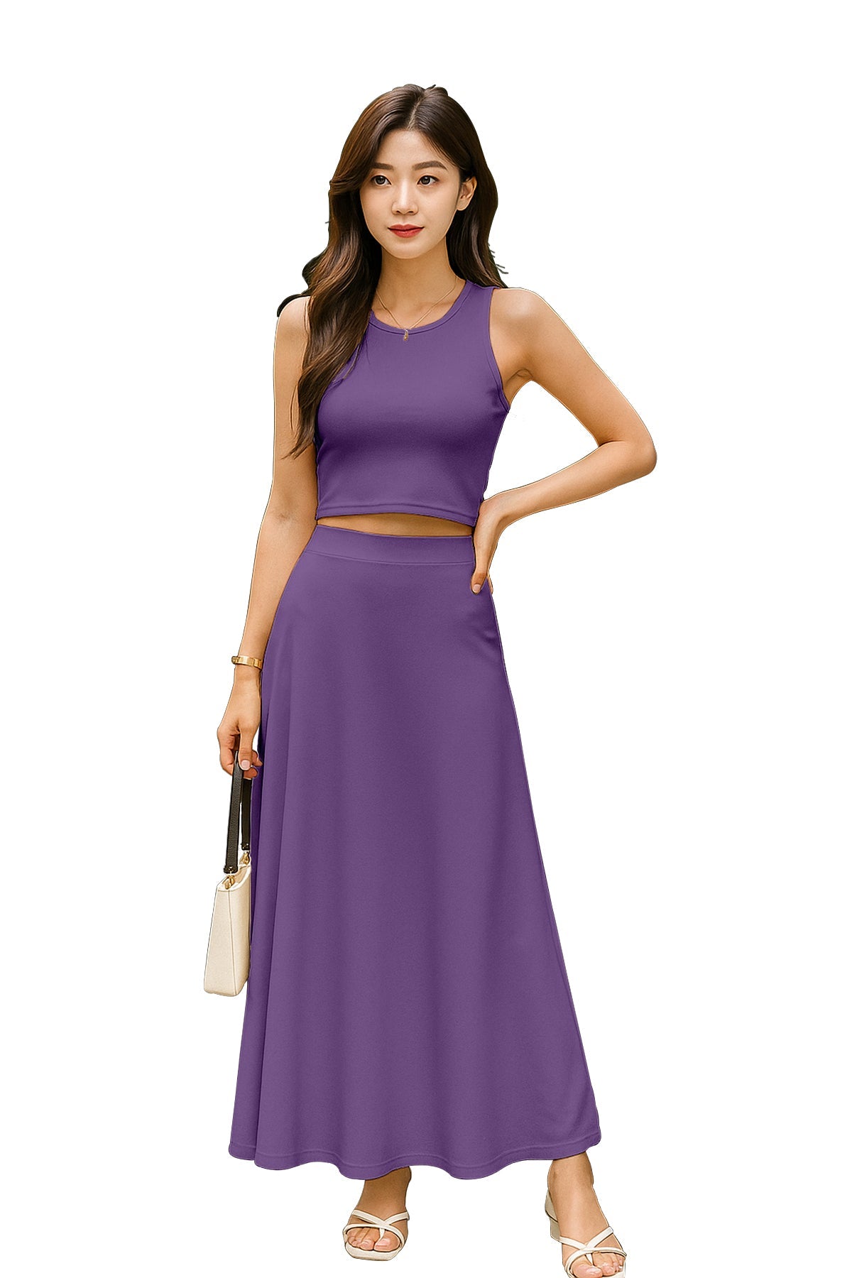 Women's 2 Pcs Sleeveless Crop Top and High Waisted Flared Maxi Skirt