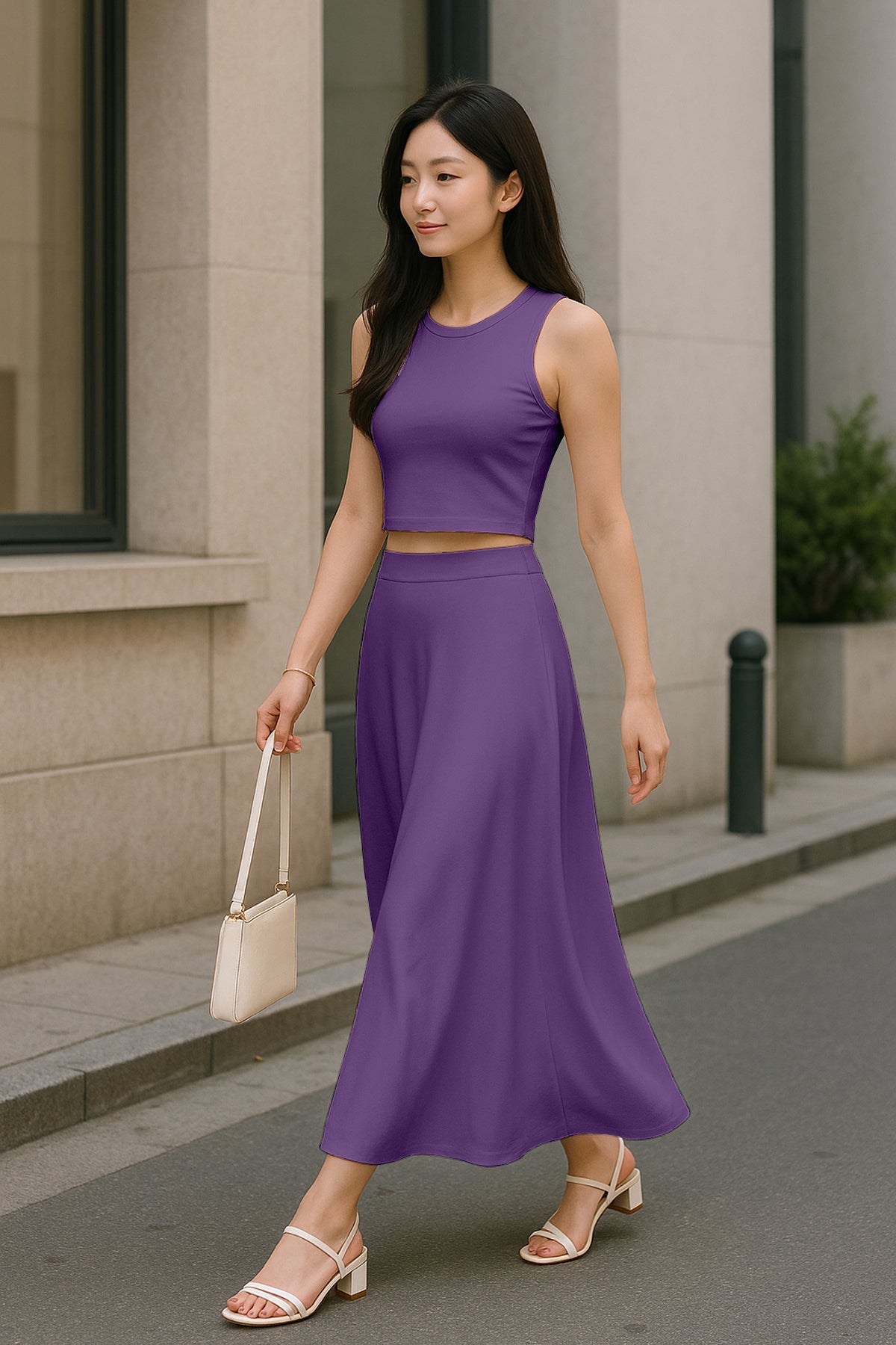 Women's 2 Pcs Sleeveless Crop Top and High Waisted Flared Maxi Skirt
