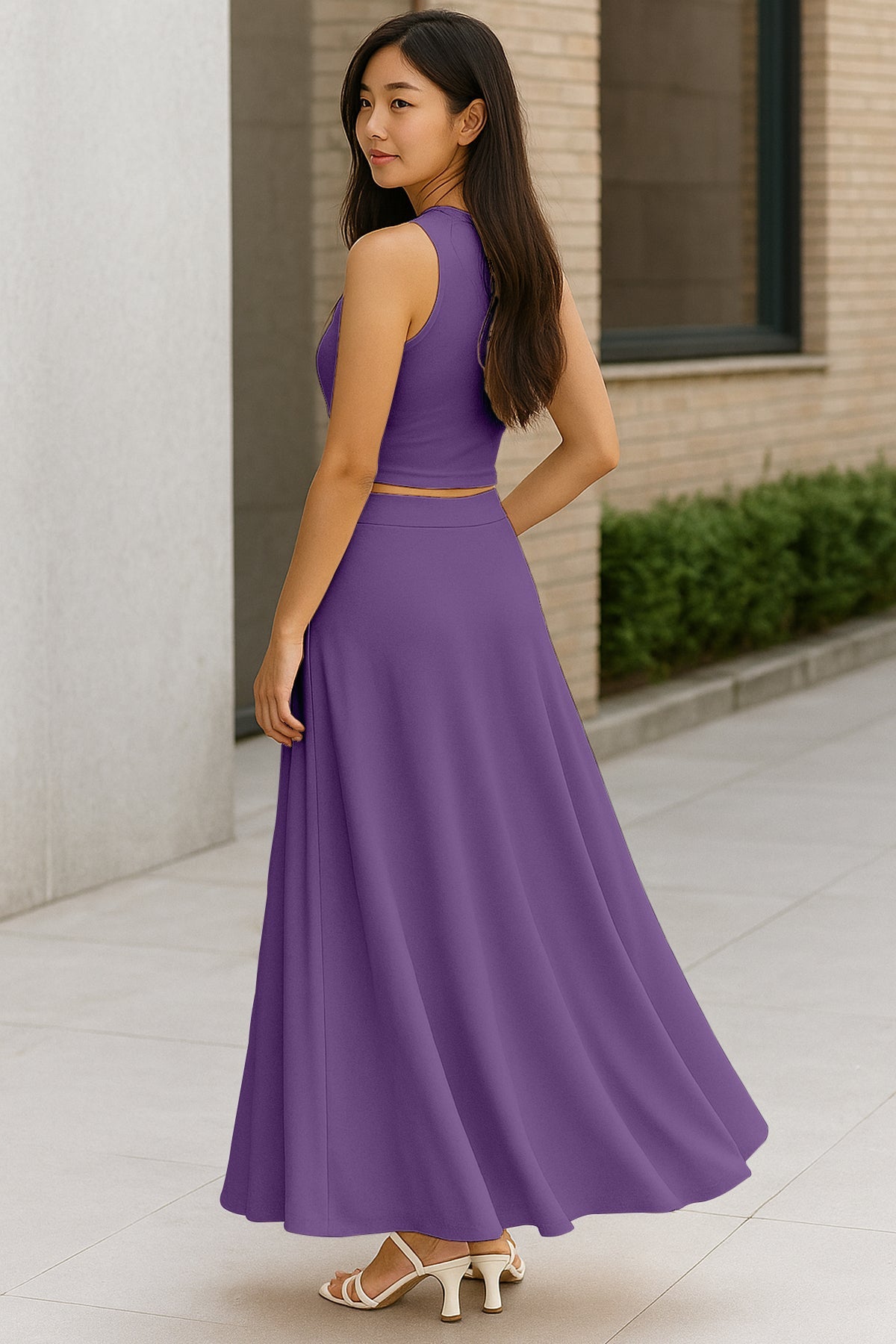 Women's 2 Pcs Sleeveless Crop Top and High Waisted Flared Maxi Skirt