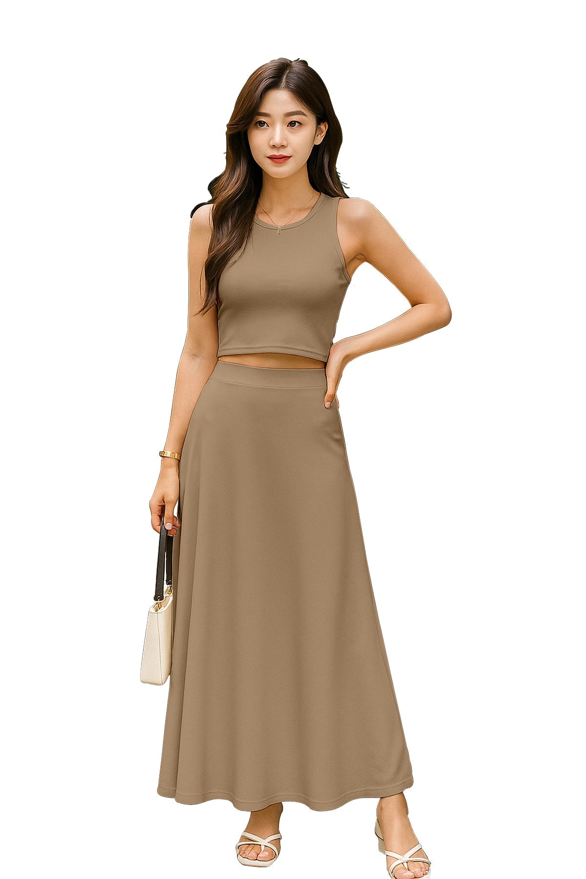 Women's 2 Pcs Sleeveless Crop Top and High Waisted Flared Maxi Skirt