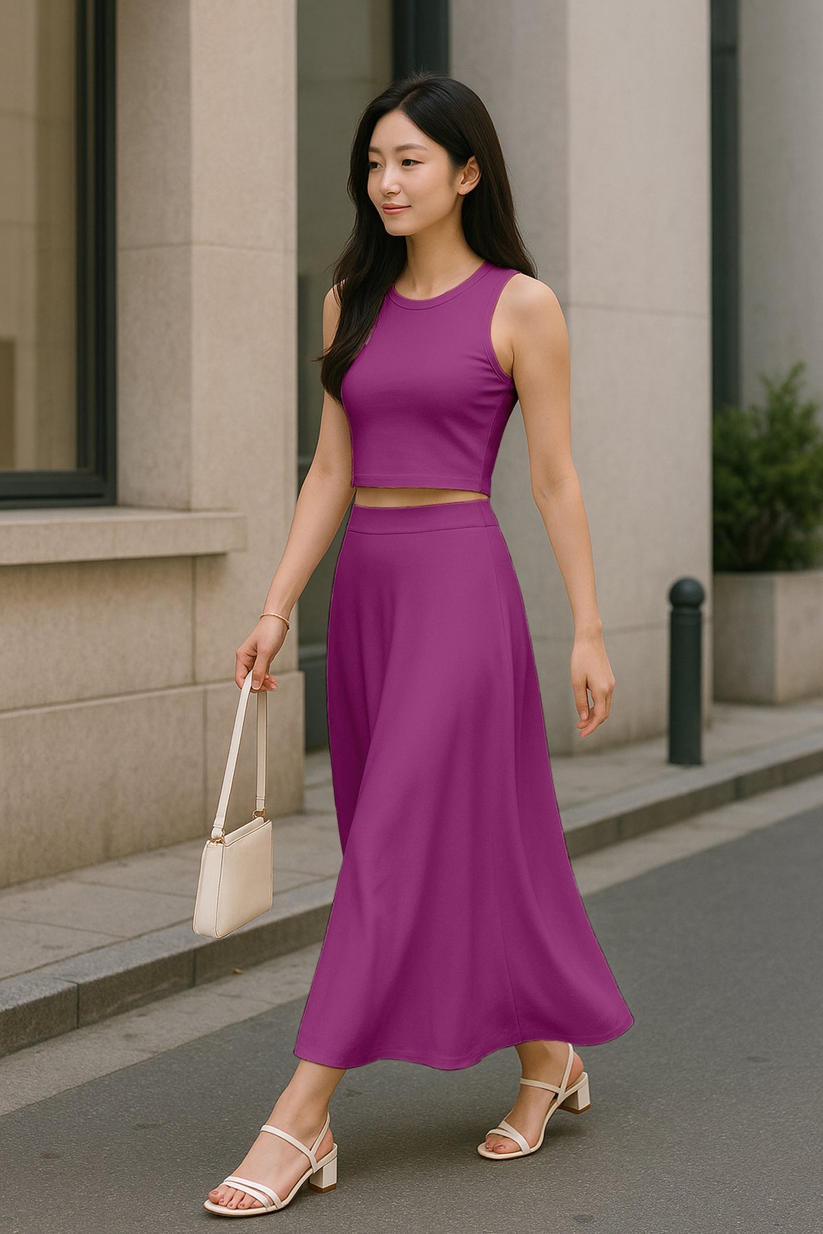Women's 2 Pcs Sleeveless Crop Top and High Waisted Flared Maxi Skirt