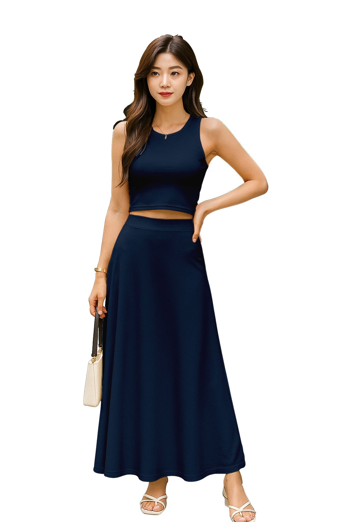 Women's 2 Pcs Sleeveless Crop Top and High Waisted Flared Maxi Skirt