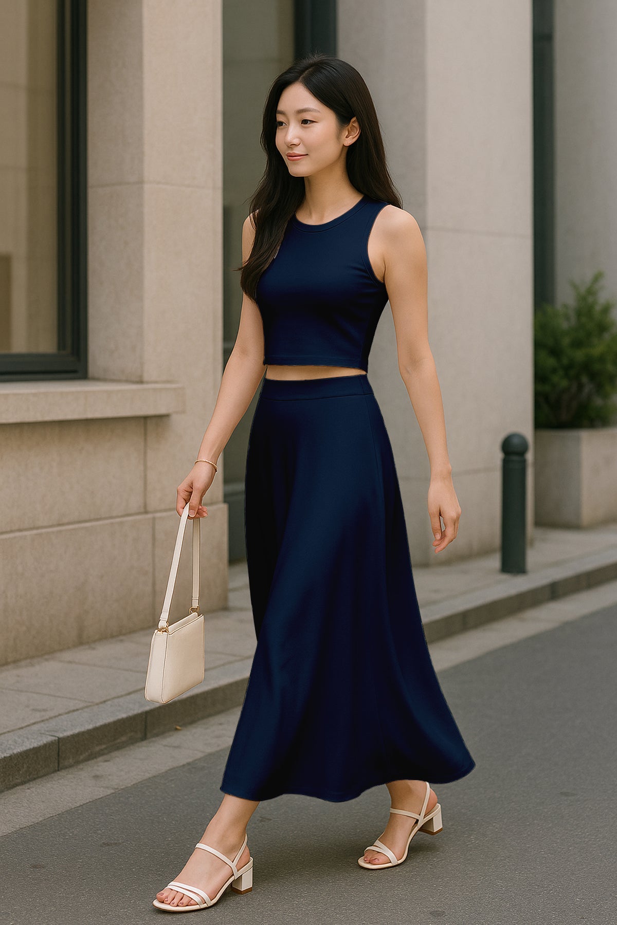 Women's 2 Pcs Sleeveless Crop Top and High Waisted Flared Maxi Skirt