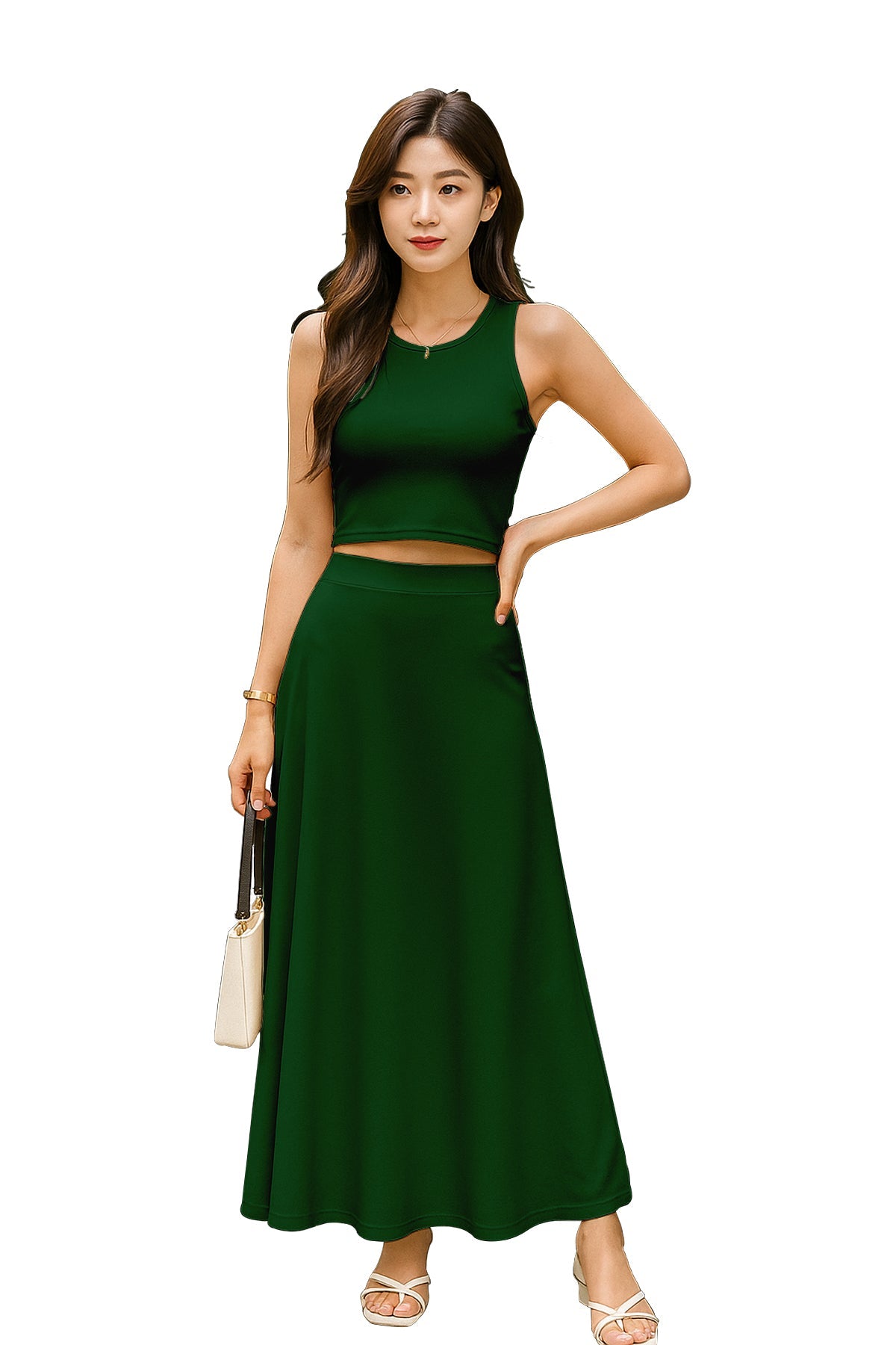 Women's 2 Pcs Sleeveless Crop Top and High Waisted Flared Maxi Skirt