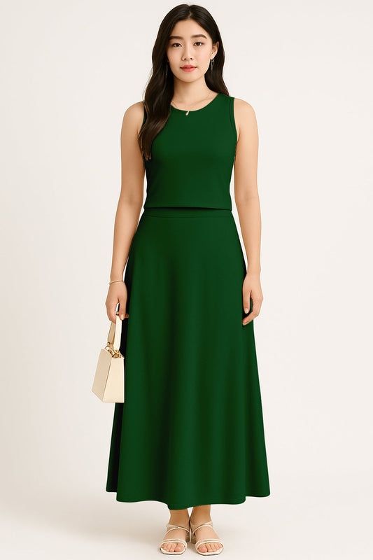 Women's 2 Pcs Sleeveless Crop Top and High Waisted Flared Maxi Skirt