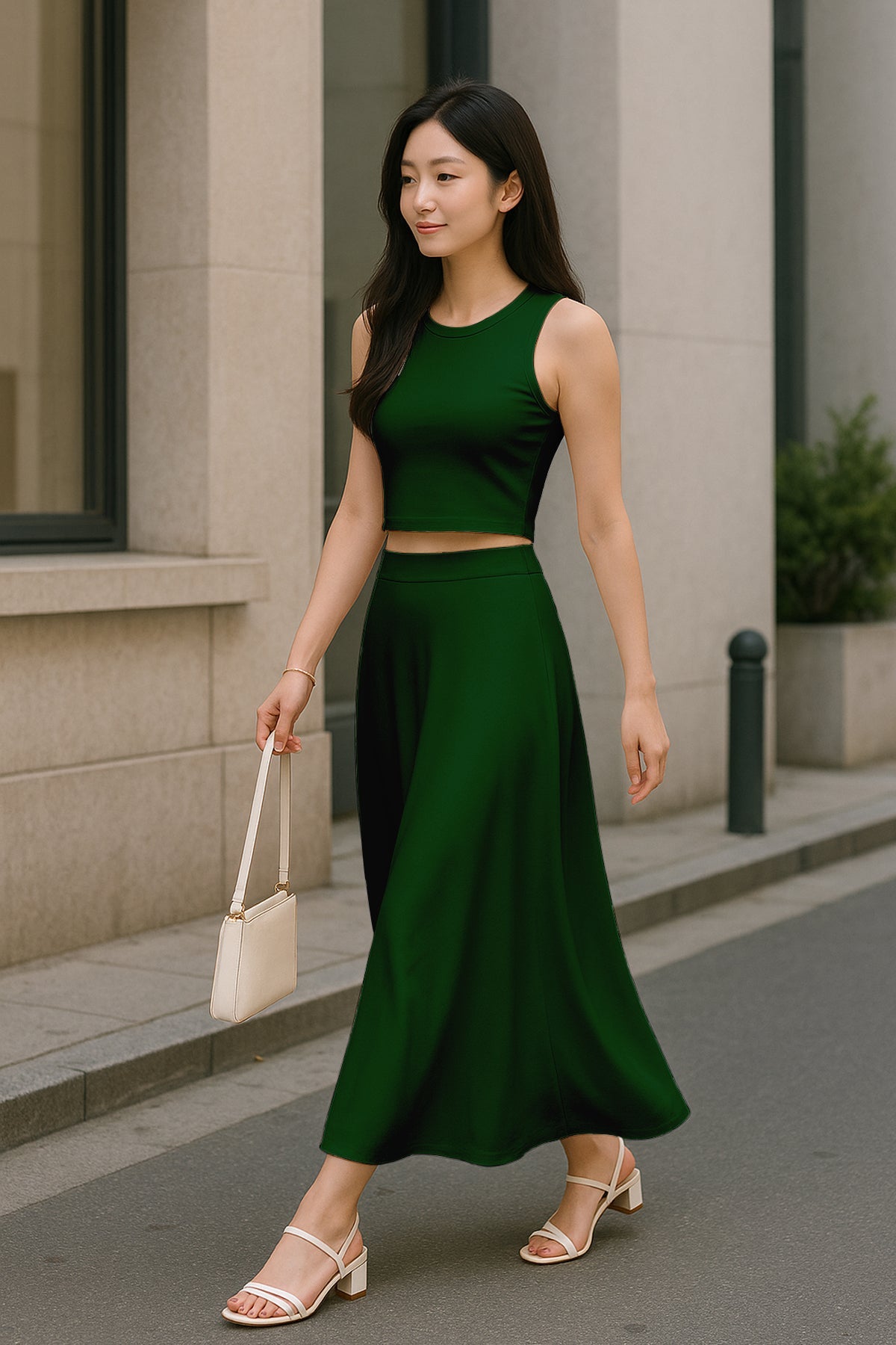 Women's 2 Pcs Sleeveless Crop Top and High Waisted Flared Maxi Skirt