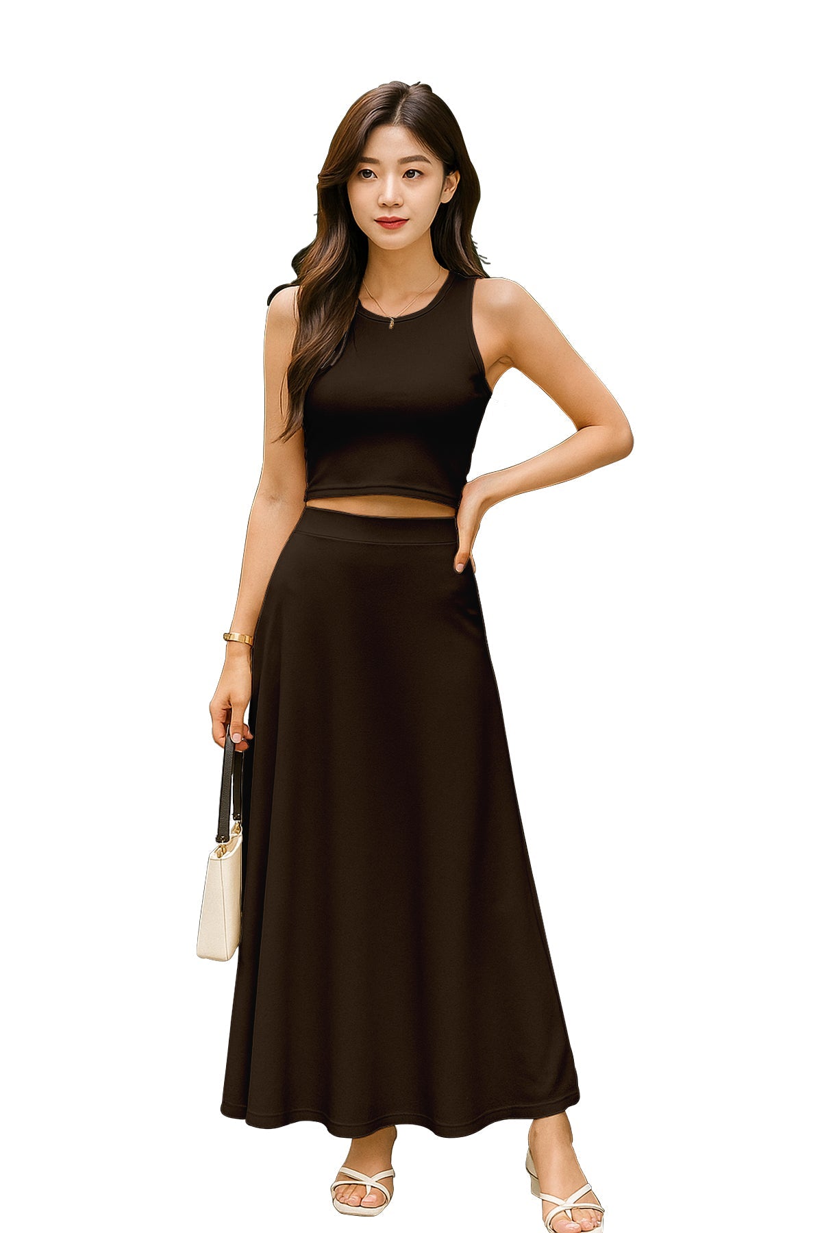Women's 2 Pcs Sleeveless Crop Top and High Waisted Flared Maxi Skirt