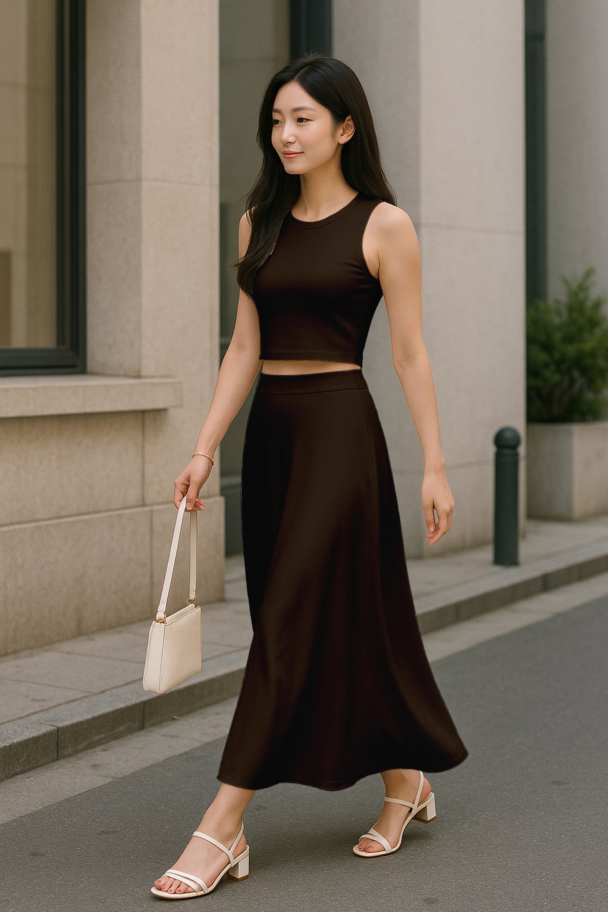 Women's 2 Pcs Sleeveless Crop Top and High Waisted Flared Maxi Skirt