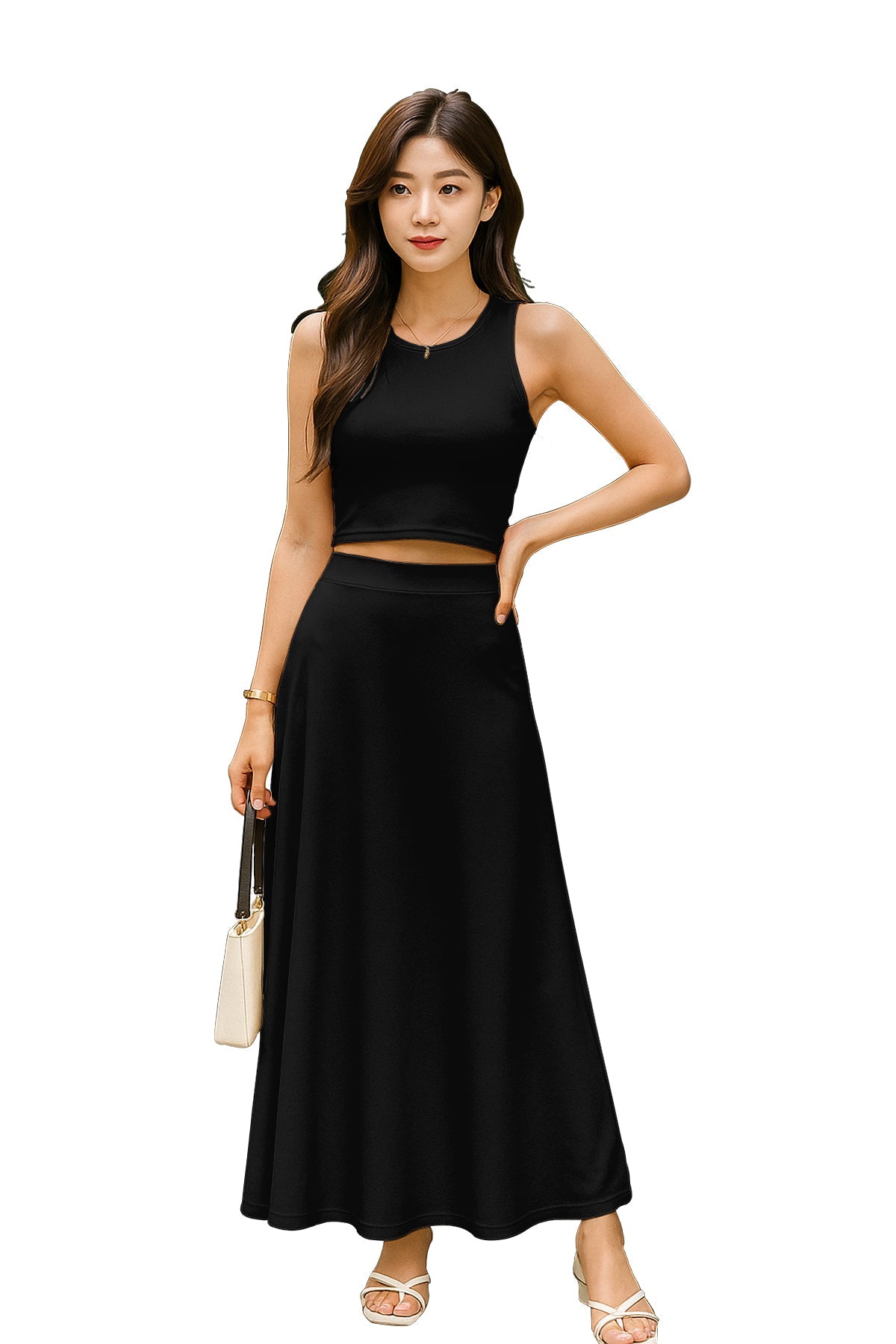 Women's 2 Pcs Sleeveless Crop Top and High Waisted Flared Maxi Skirt