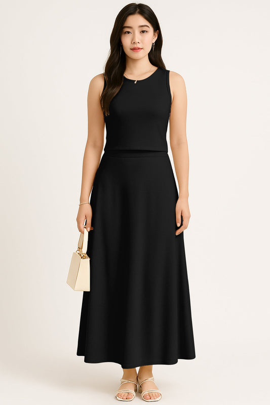 Women's 2 Pcs Sleeveless Crop Top and High Waisted Flared Maxi Skirt