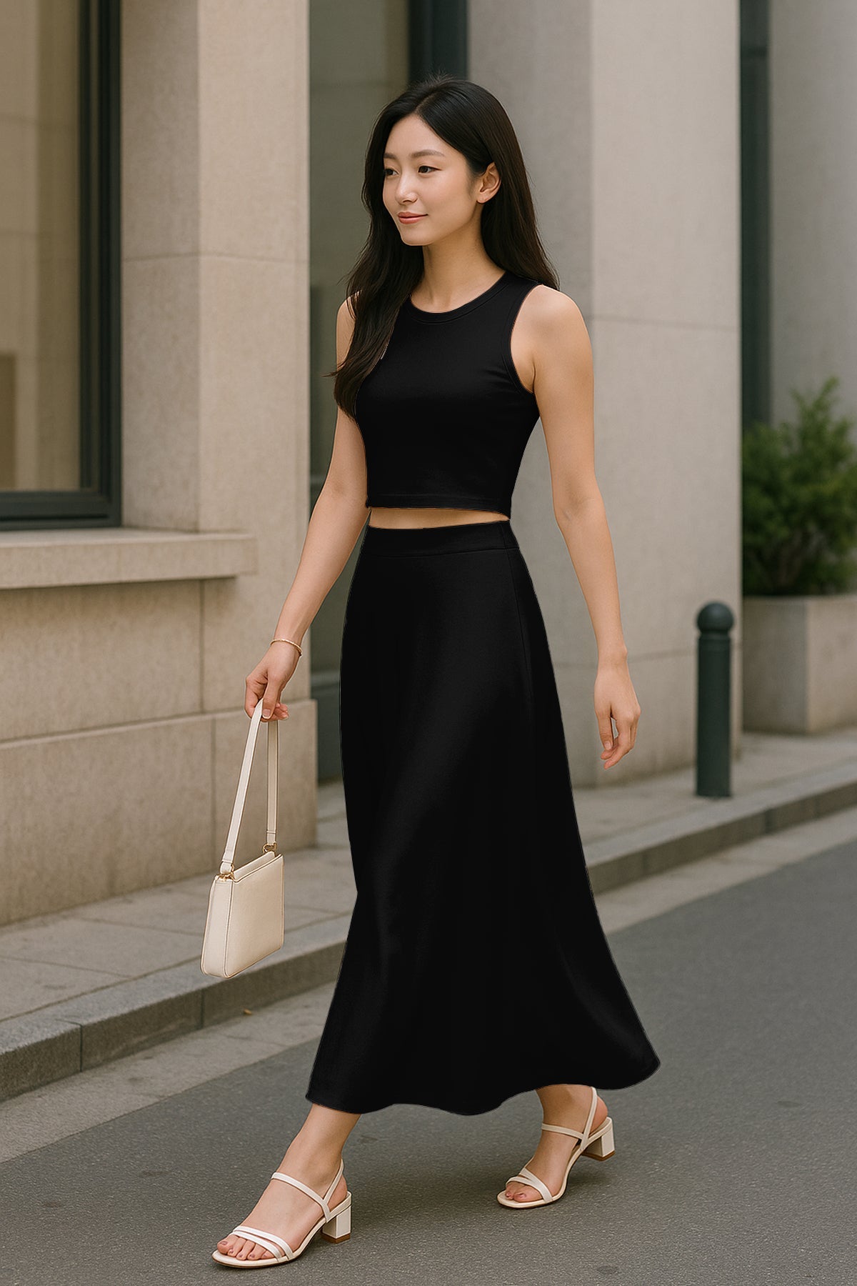 Women's 2 Pcs Sleeveless Crop Top and High Waisted Flared Maxi Skirt