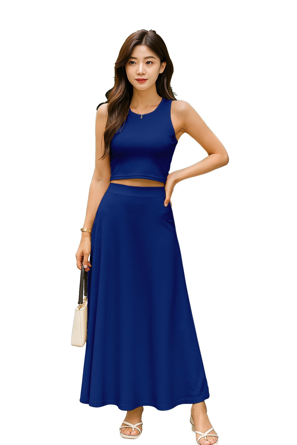 Women's 2 Pcs Sleeveless Crop Top and High Waisted Flared Maxi Skirt