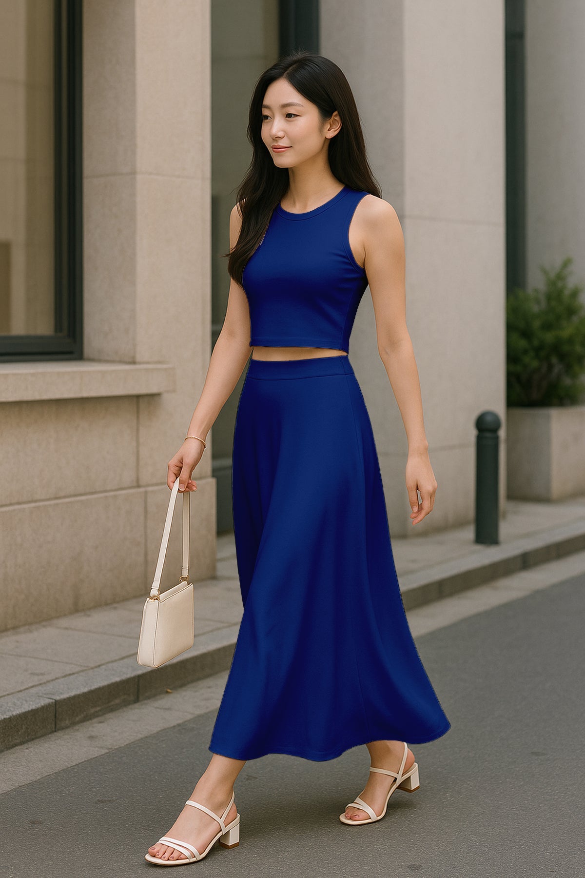 Women's 2 Pcs Sleeveless Crop Top and High Waisted Flared Maxi Skirt