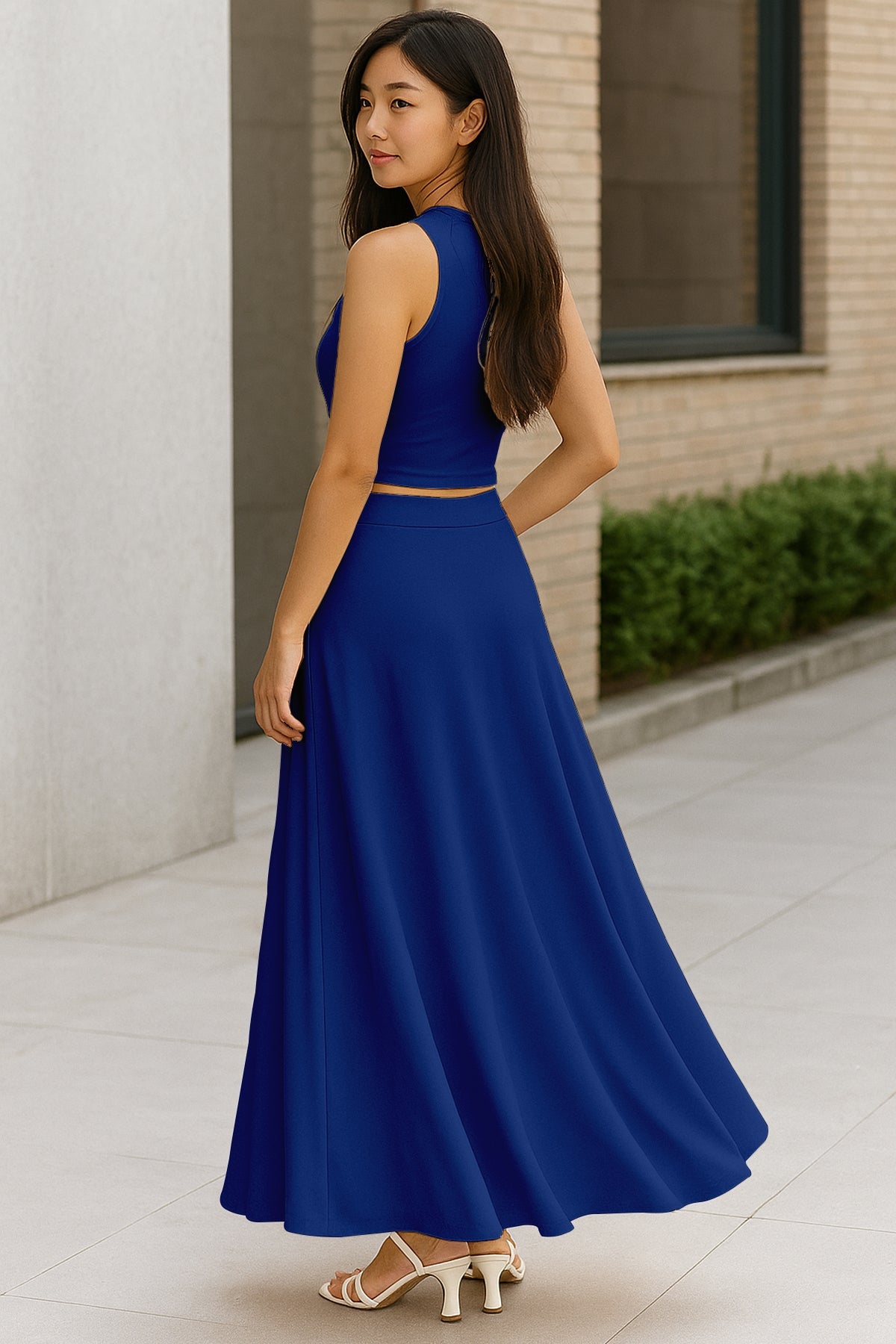 Women's 2 Pcs Sleeveless Crop Top and High Waisted Flared Maxi Skirt