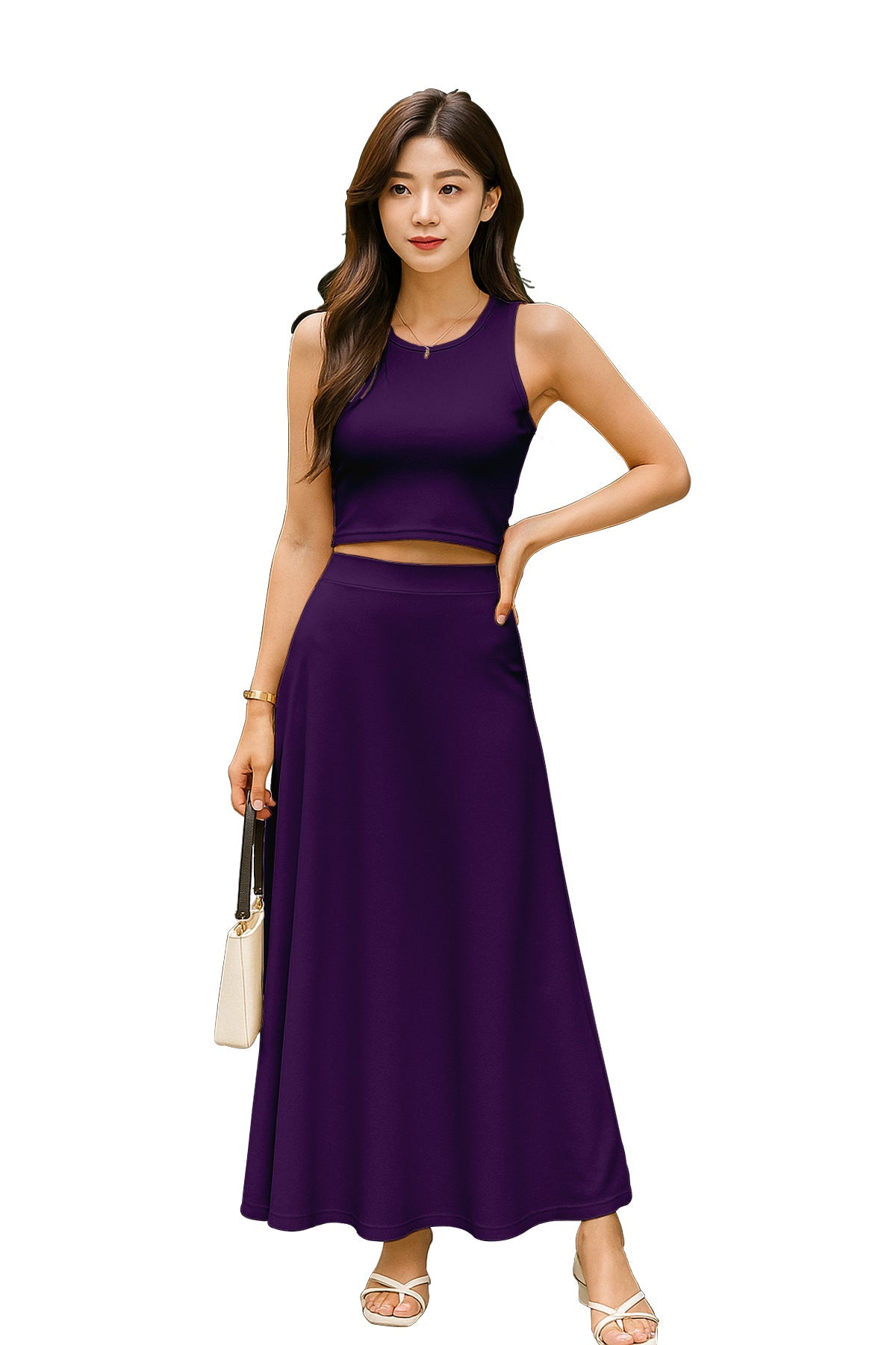 Women's 2 Pcs Sleeveless Crop Top and High Waisted Flared Maxi Skirt