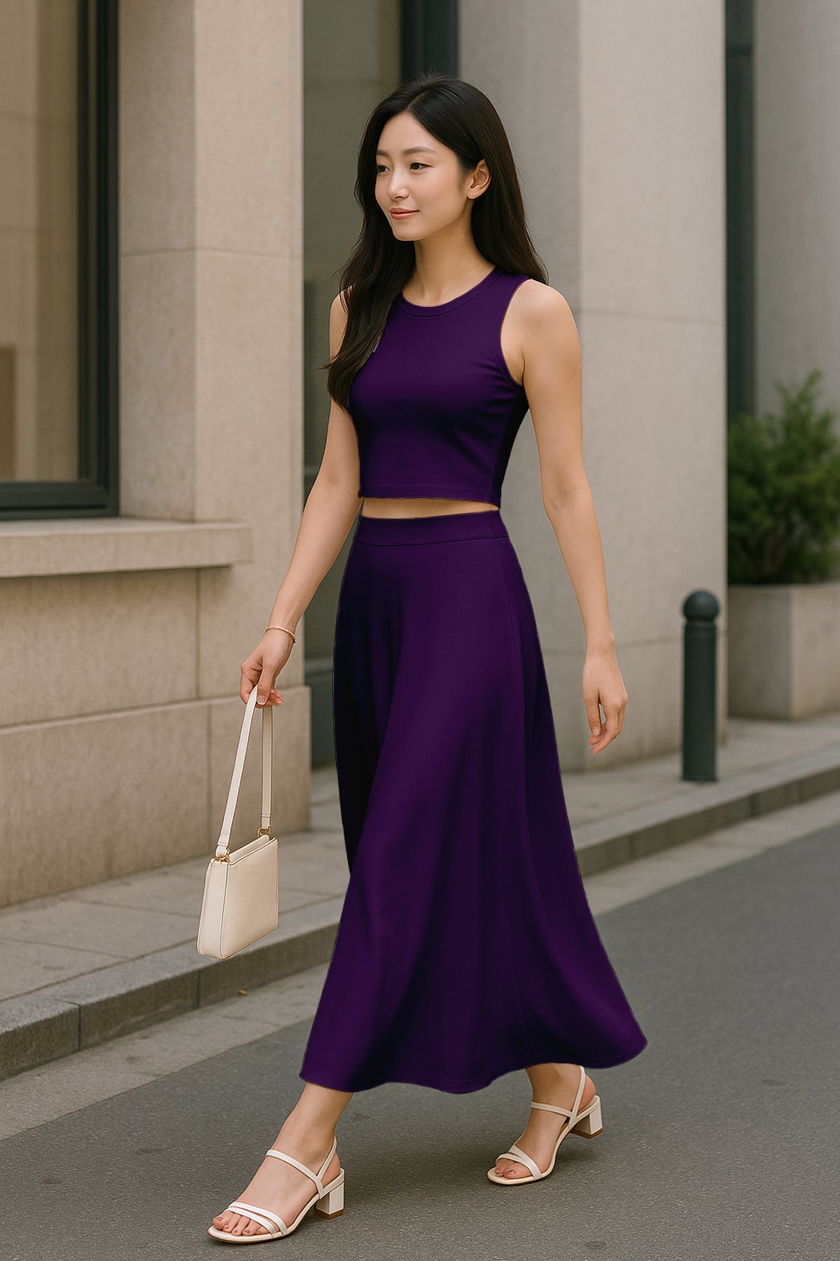 Women's 2 Pcs Sleeveless Crop Top and High Waisted Flared Maxi Skirt