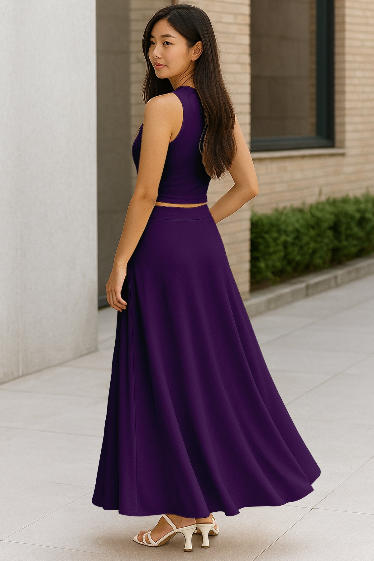 Women's 2 Pcs Sleeveless Crop Top and High Waisted Flared Maxi Skirt