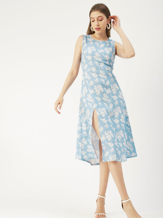 Printed Stylish Back Dress, Front Slit
