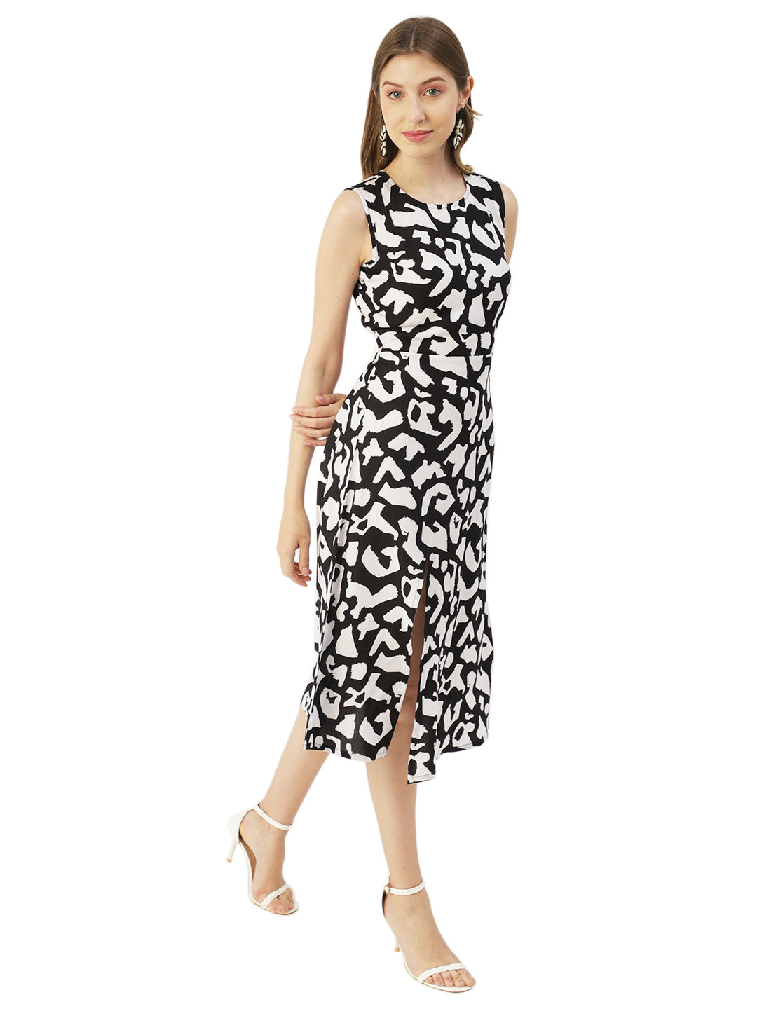 Printed Stylish Back Dress, Front Slit