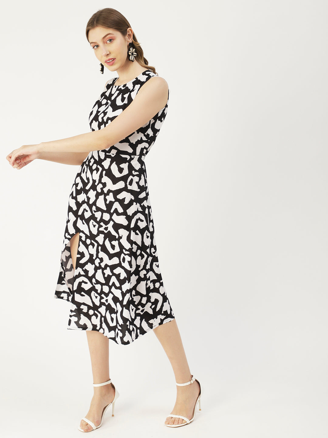 Printed Stylish Back Dress, Front Slit