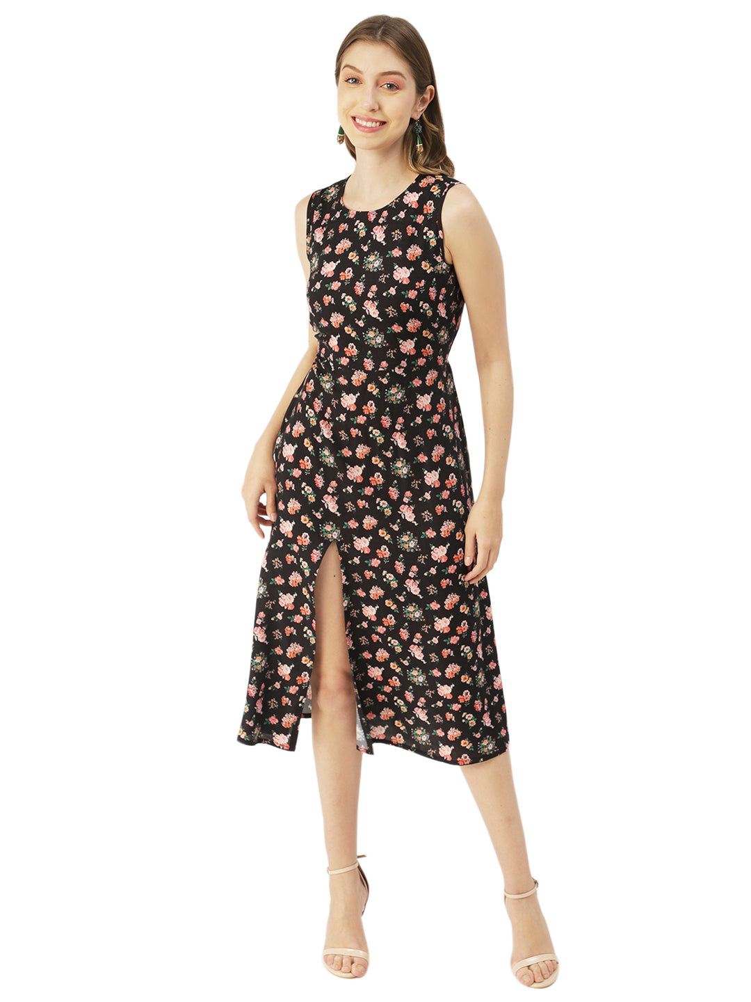 Printed Stylish Back Dress, Front Slit